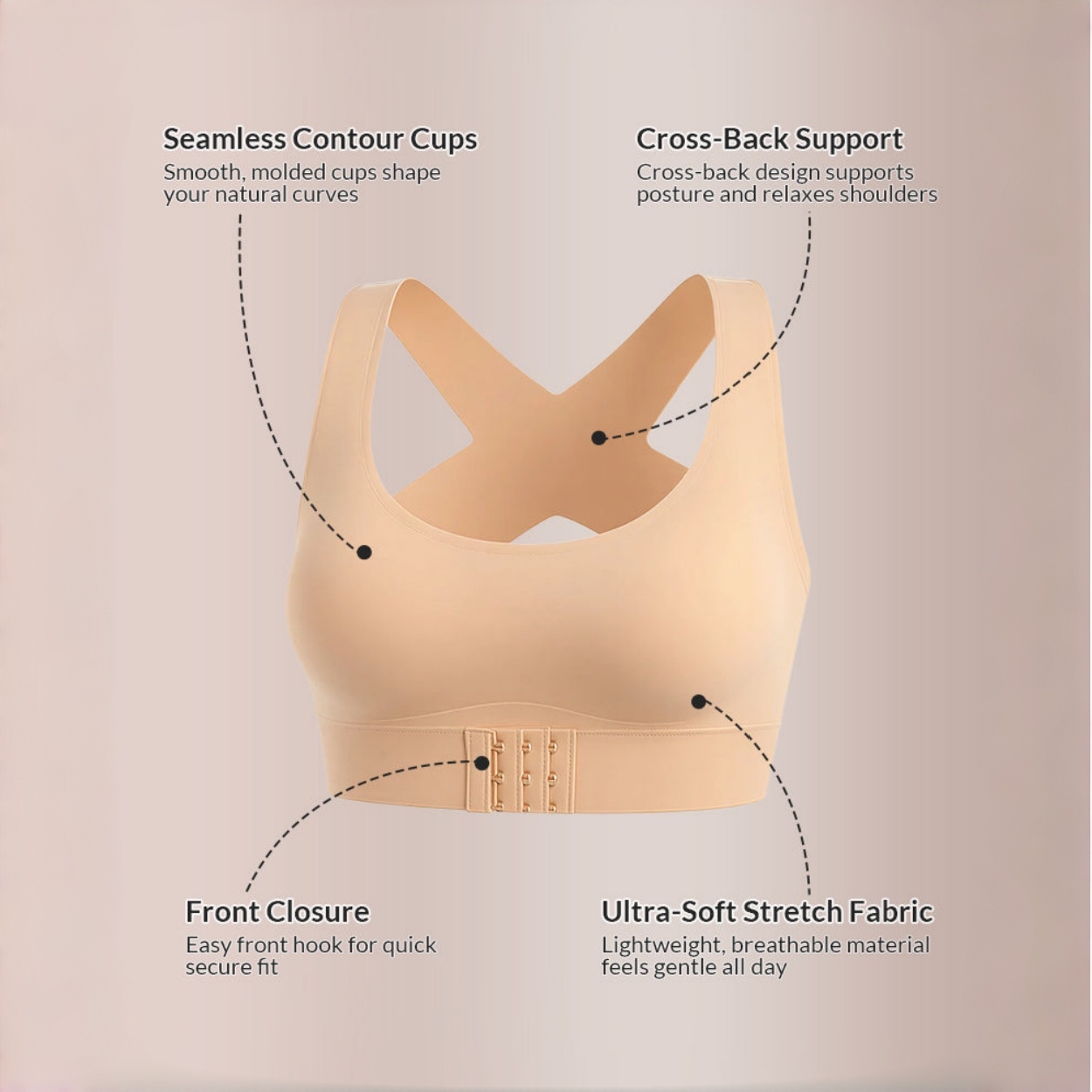 Cross Back Front Closure Wireless Posture Support Bra