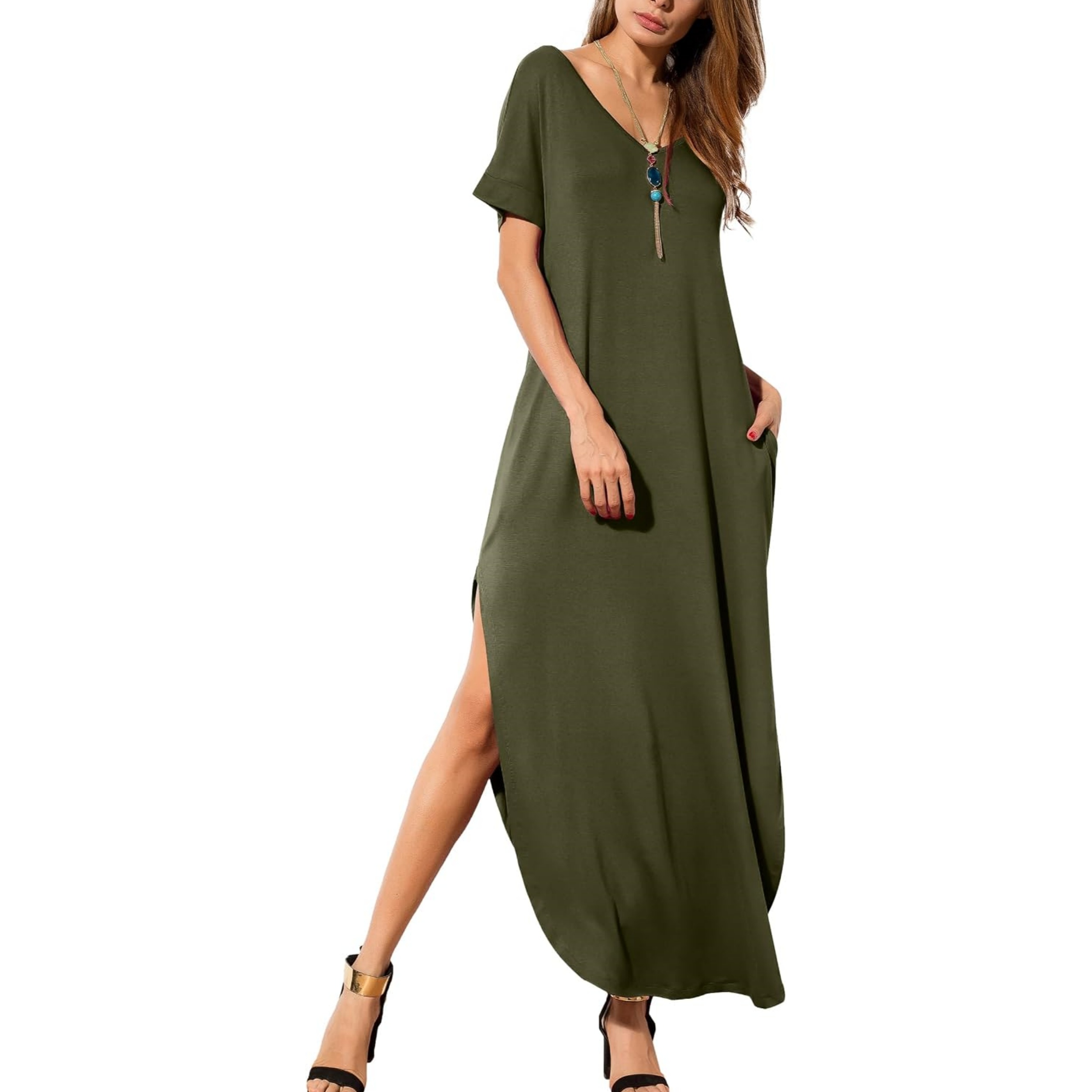 Women's Casual Short Sleeve Loose Maxi Dress with Pockets and Slits