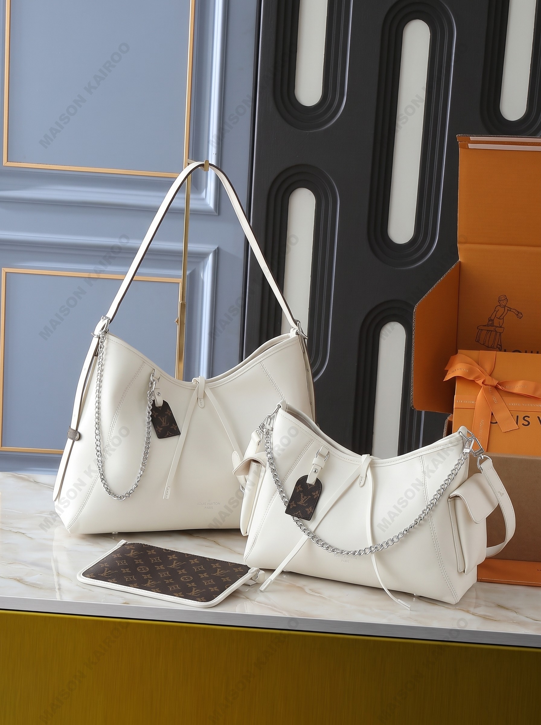Louis Vuitton LV Carryall Cargo PM/MM White Smooth Leather Side Pocket Hobo Tote Shoulder Bag - KAIROO