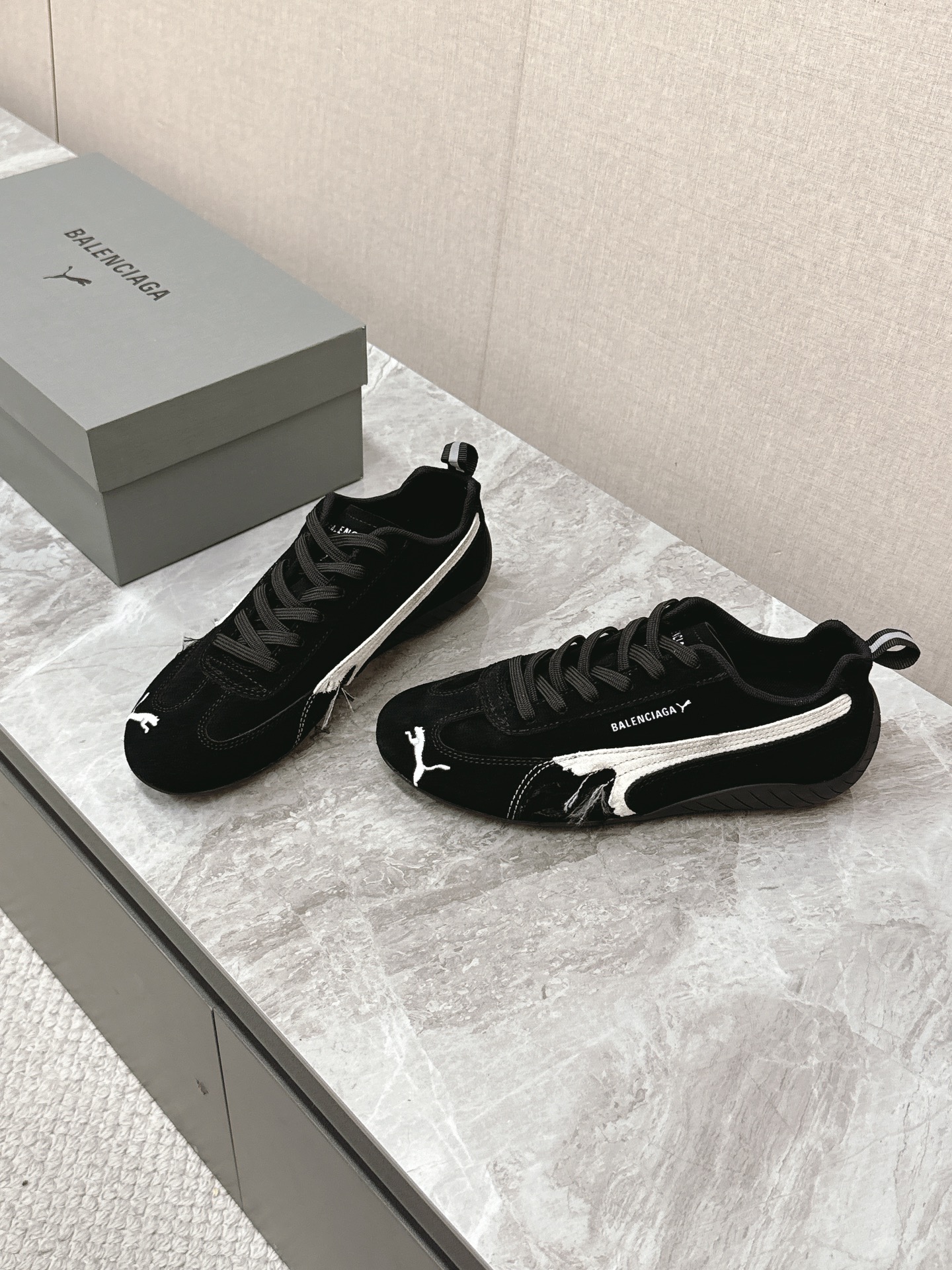 Balenciaga x Puma Black Worn-Out Broken Logo Leather Suede Speed GAT Sneakers - KAIROO