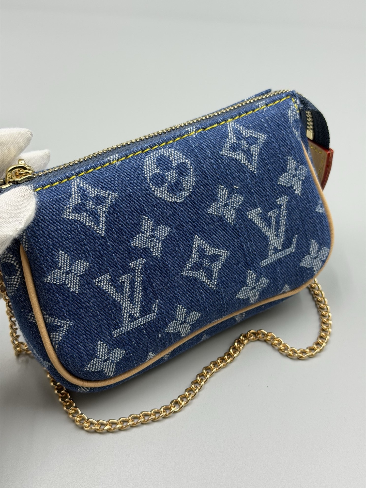 Louis Vuitton Mini Monogram Jacquard Denim Hills Pochette Gold Chain Shoulder Bag - KAIROO