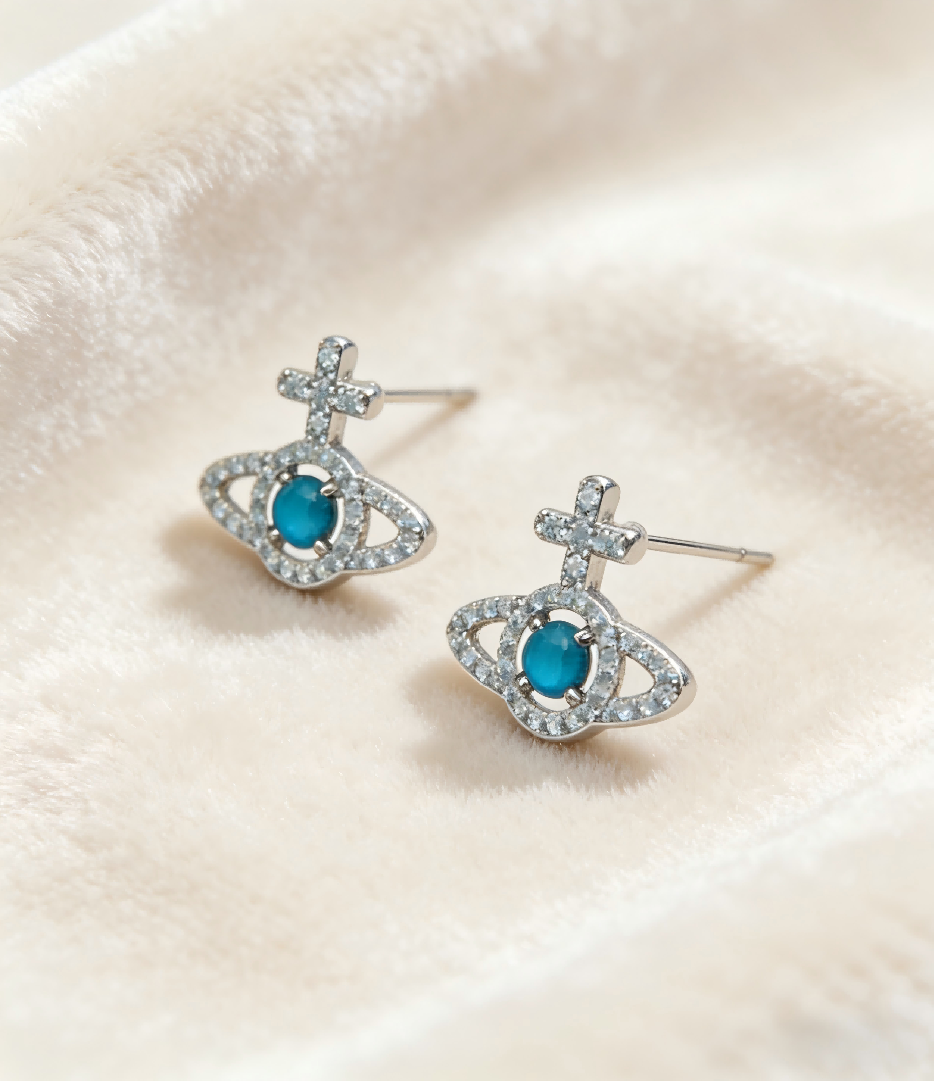 2026 New Vivienne Westwood Style Turquoise Crystal Saturn Earrings - Dainty Rhinestone Stud Earrings for Women