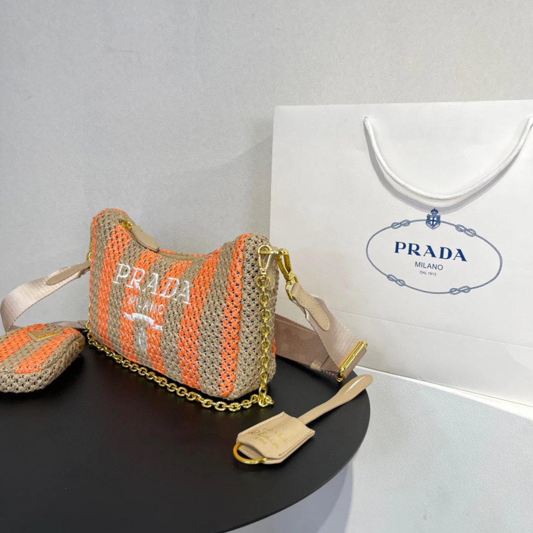 Prada HOBO BAG 23 IN BEIGE MIX ORANGE RAFFIA WITH WHITE LOGO GOLD HARDWARE