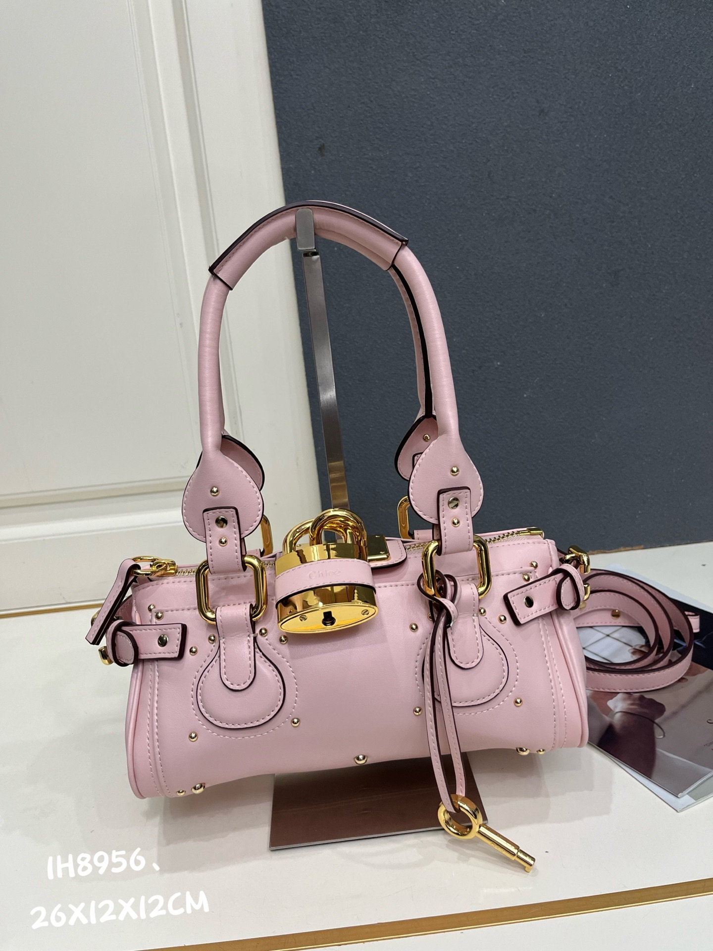 Chloe Paddington Pink Mini Oversized Rivet Padlock Key Smooth Leather Hobo Top Handle Bag - KAIROO