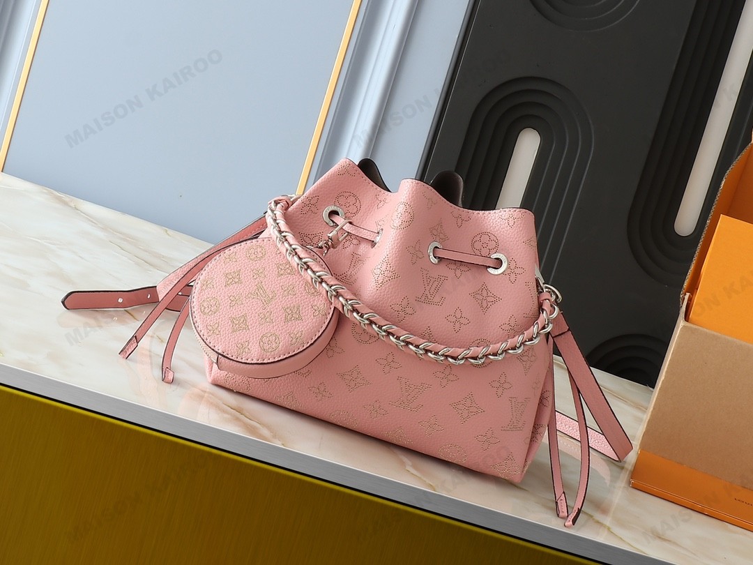 Louis Vuitton LV Mahina Bella Pink Dense Perforated Monogram Leather Drawstring Bucket Handle Shoulder Bag - KAIROO
