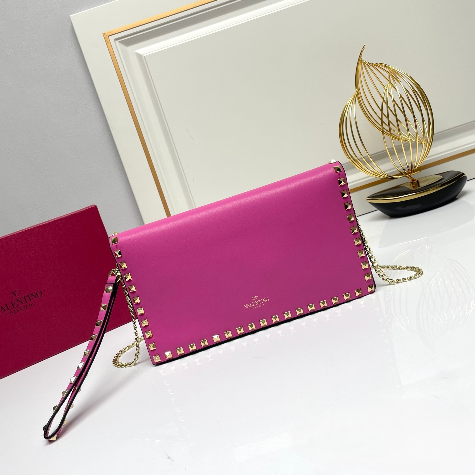 Valentino Rockstud Fuchsia Leather Gold Studs Flap Wristlet Strap Clutch Chain Envelope Crossbody Bag - KAIROO