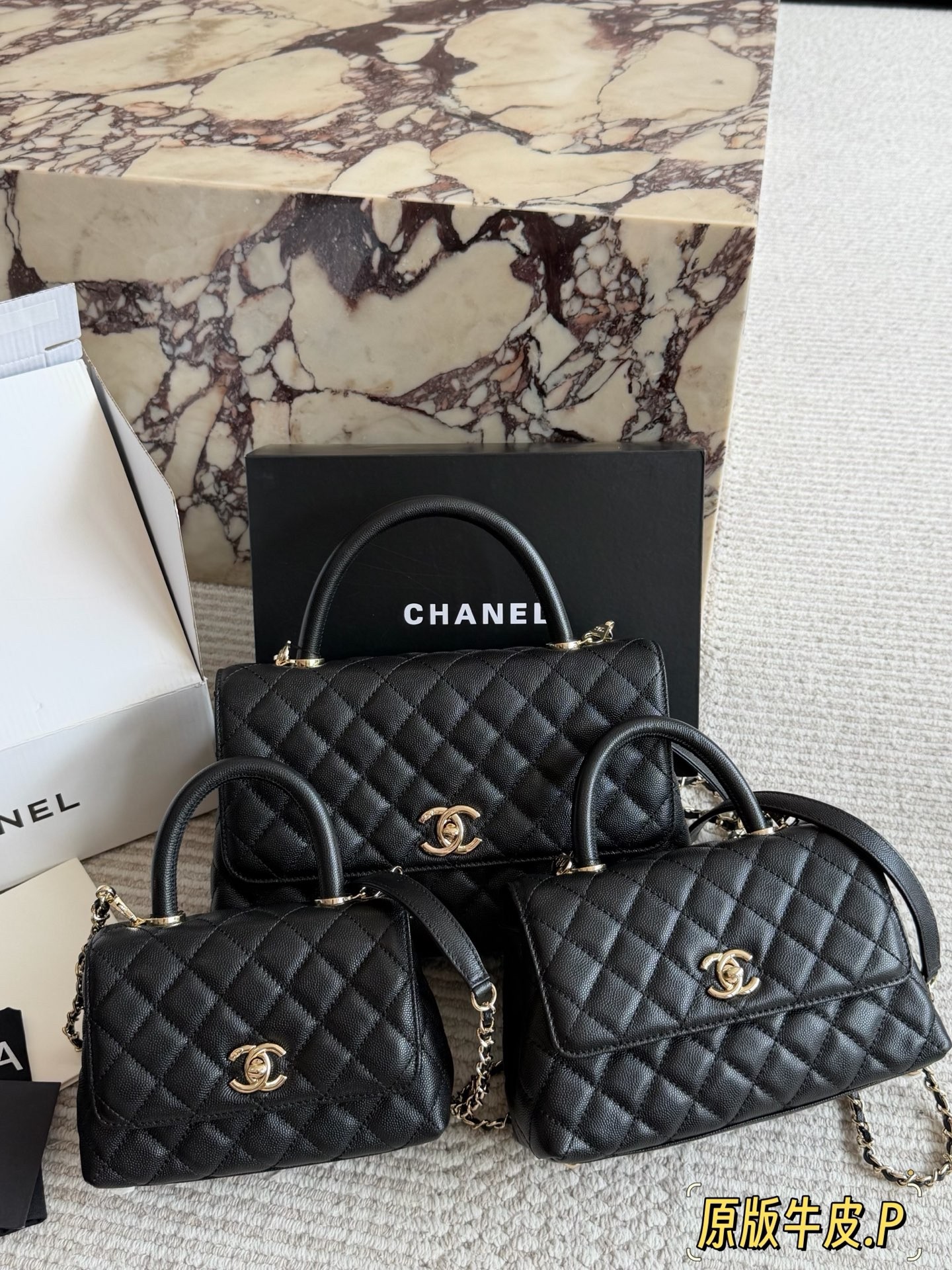 Chanel Coco Handle XS/S/M Black Quilted Grained Leather Top Handle Flap Bag - KAIROO
