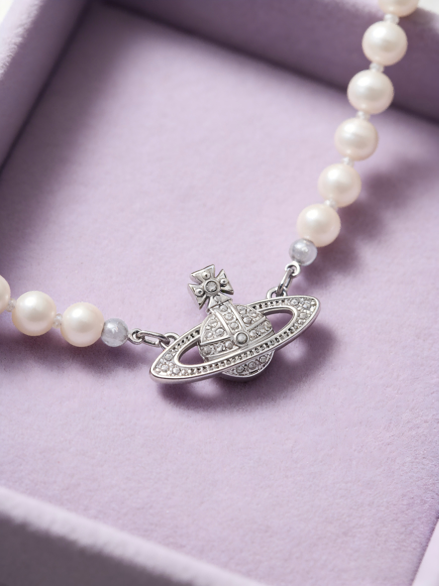 2026 New Silver-Tone Pearl Choker Necklace, Paved Crystal Planet Pendant, Elegant Vintage Jewelry for Daily Wear