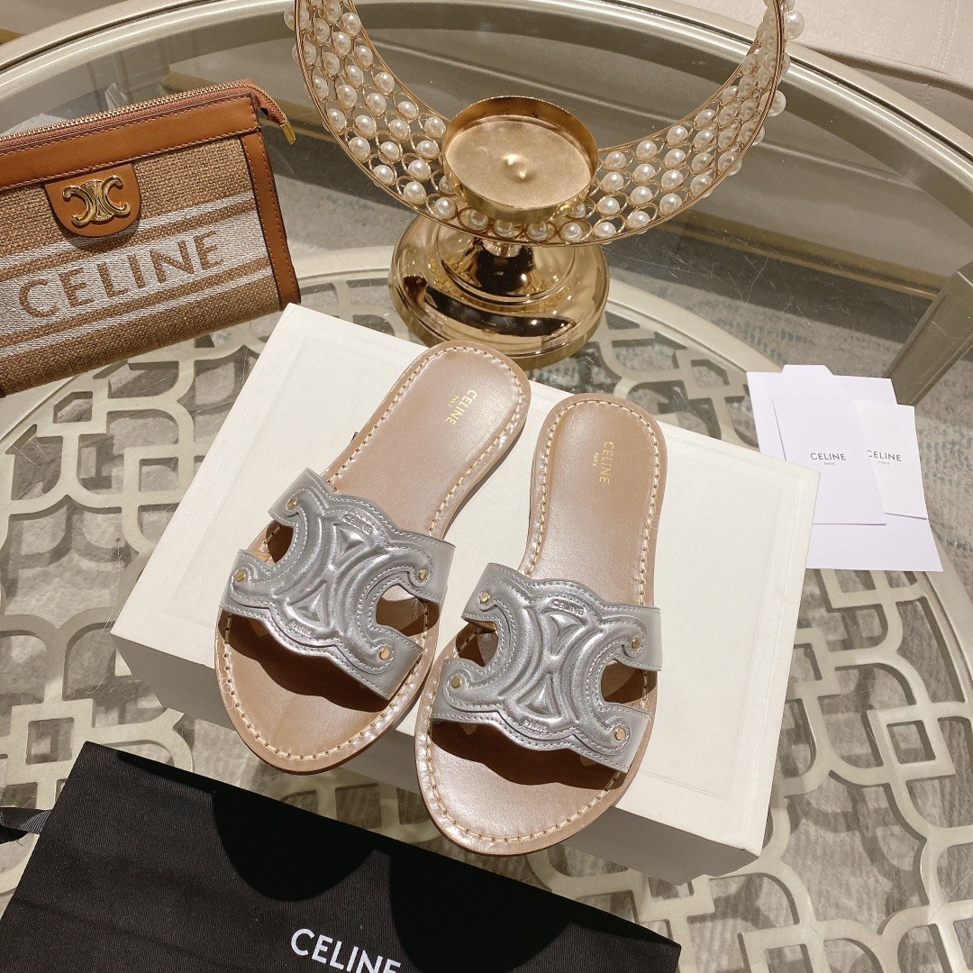 Celine Cuir Triomphe Leather Embossed Studded Cut-out Flat Sandals - KAIROO