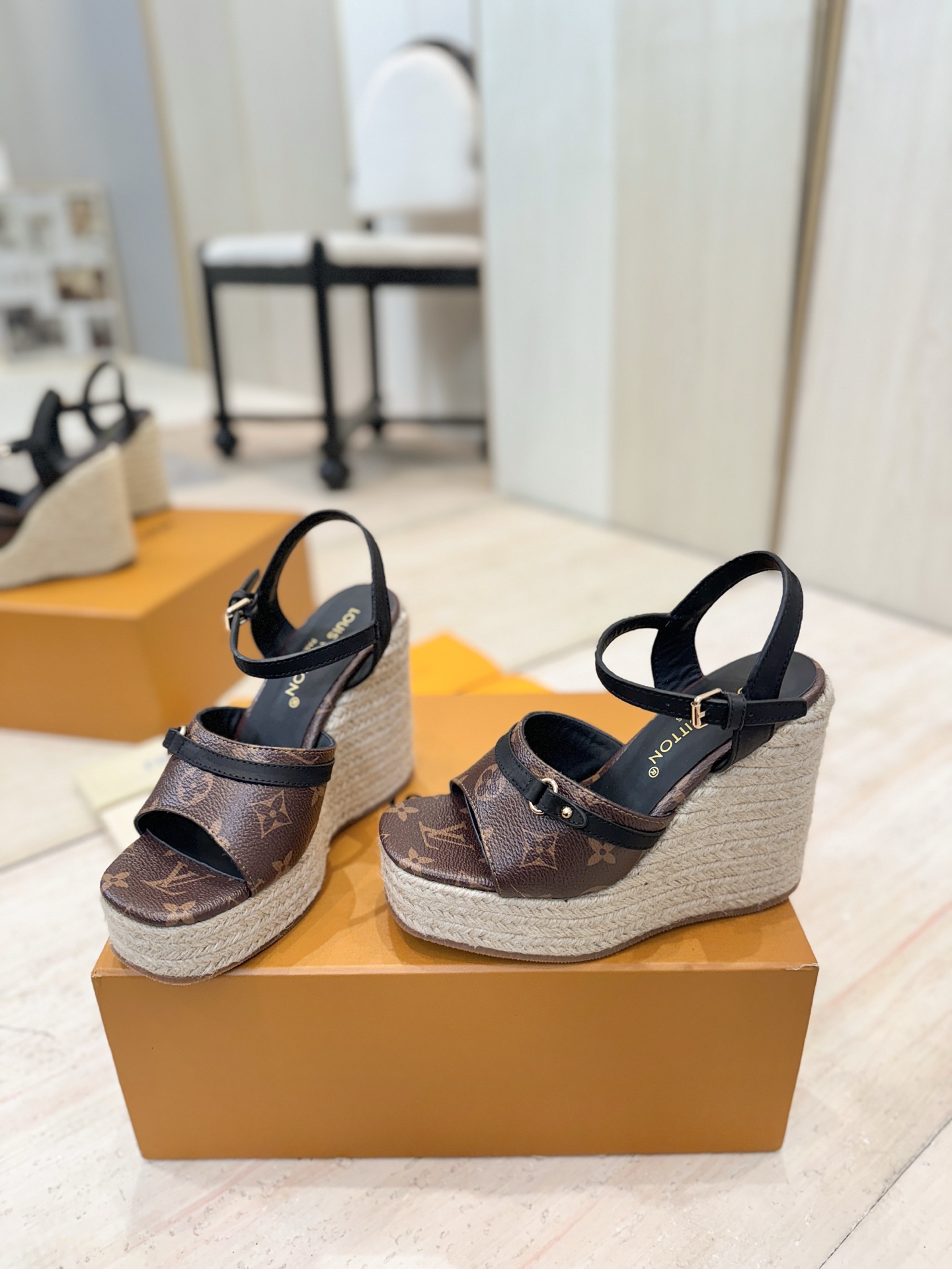 Louis Vuitton Classic Monogram Coated Canvas Ankle Strap Woven Wedge Platform Heel Sandals - KAIROO