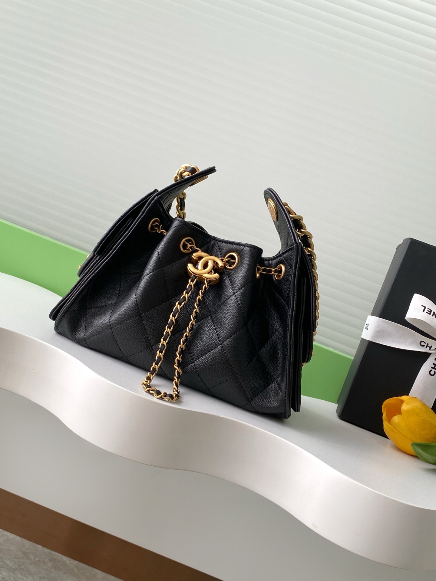 Chanel 25 Mini Handbag in Black Grained Calfskin