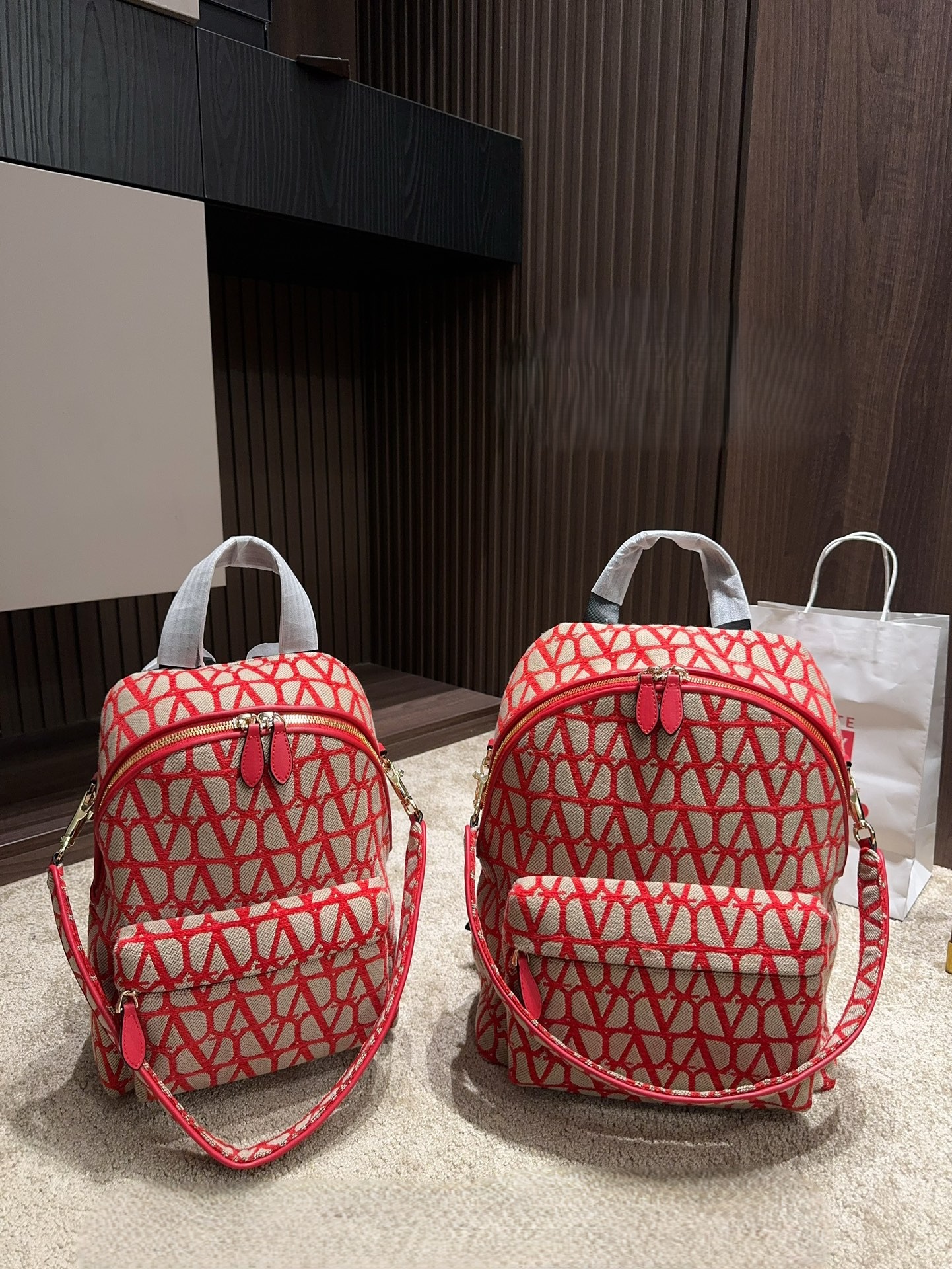Valentino Iconographe Red Monogram Canvas Leather Trim Shoulder Straps Tech Fabric Backpacks - KAIROO
