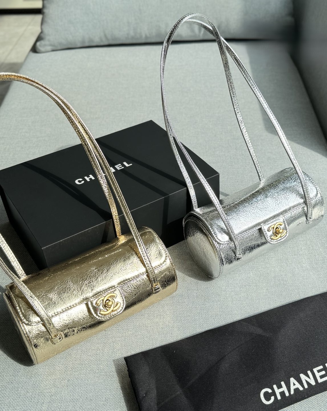 Chanel 26P Preppy Coco Metallic Crinkled Leather Slender Straps Flap Cylindrical Bowling Bag - KAIROO