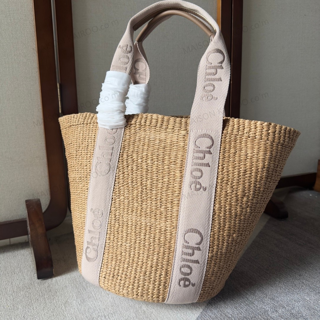 【10A】Chloe Woody Large Raffia Straw Chloé Embroidered Beige Logo Ribbon Beach Basket Tote Bag - KAIROO