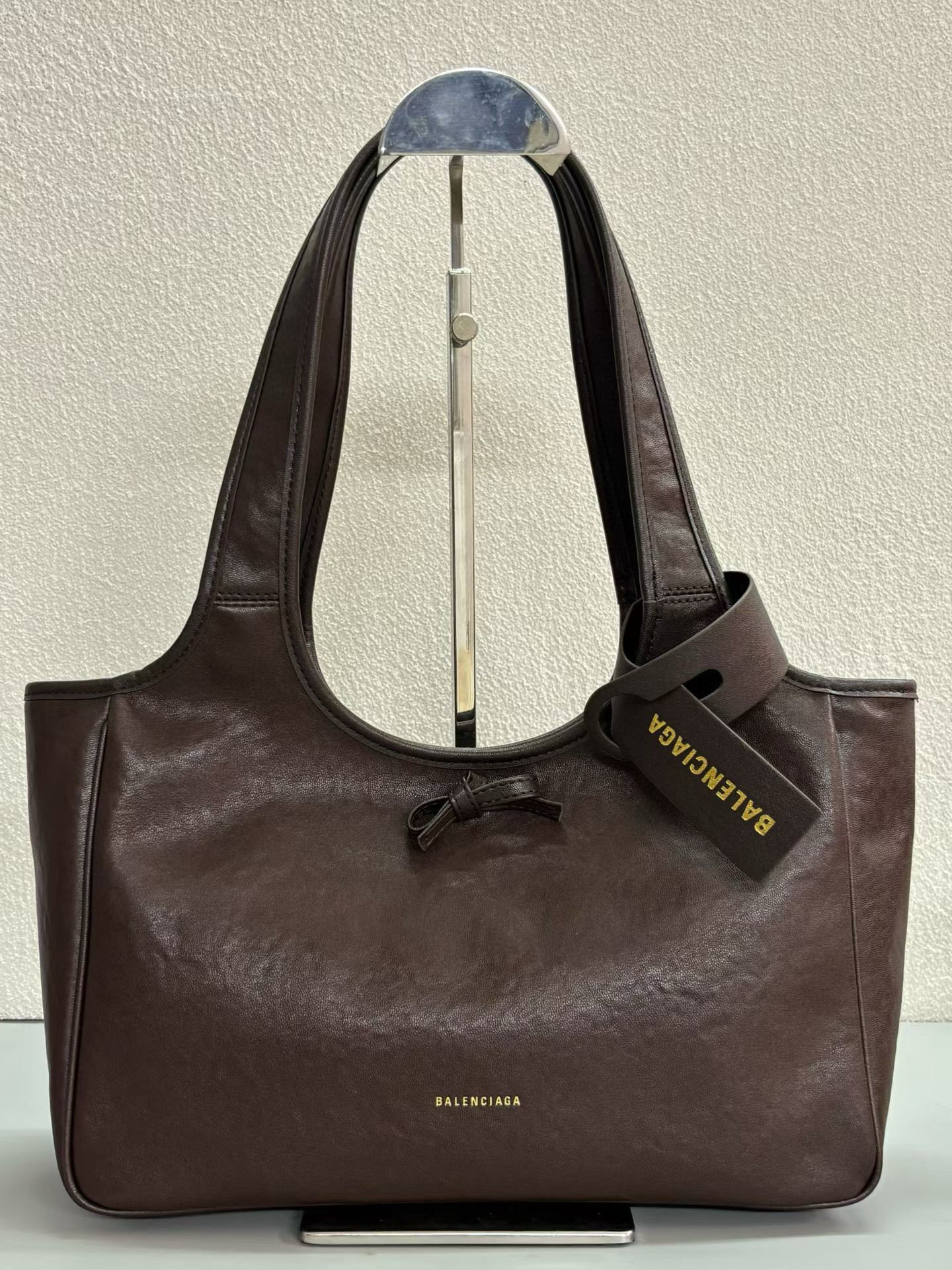 Balenciaga Bel Air Small& Large Chocolate Smooth Leather Bow Detail Handle Shoulder Tote Bag - KAIROO