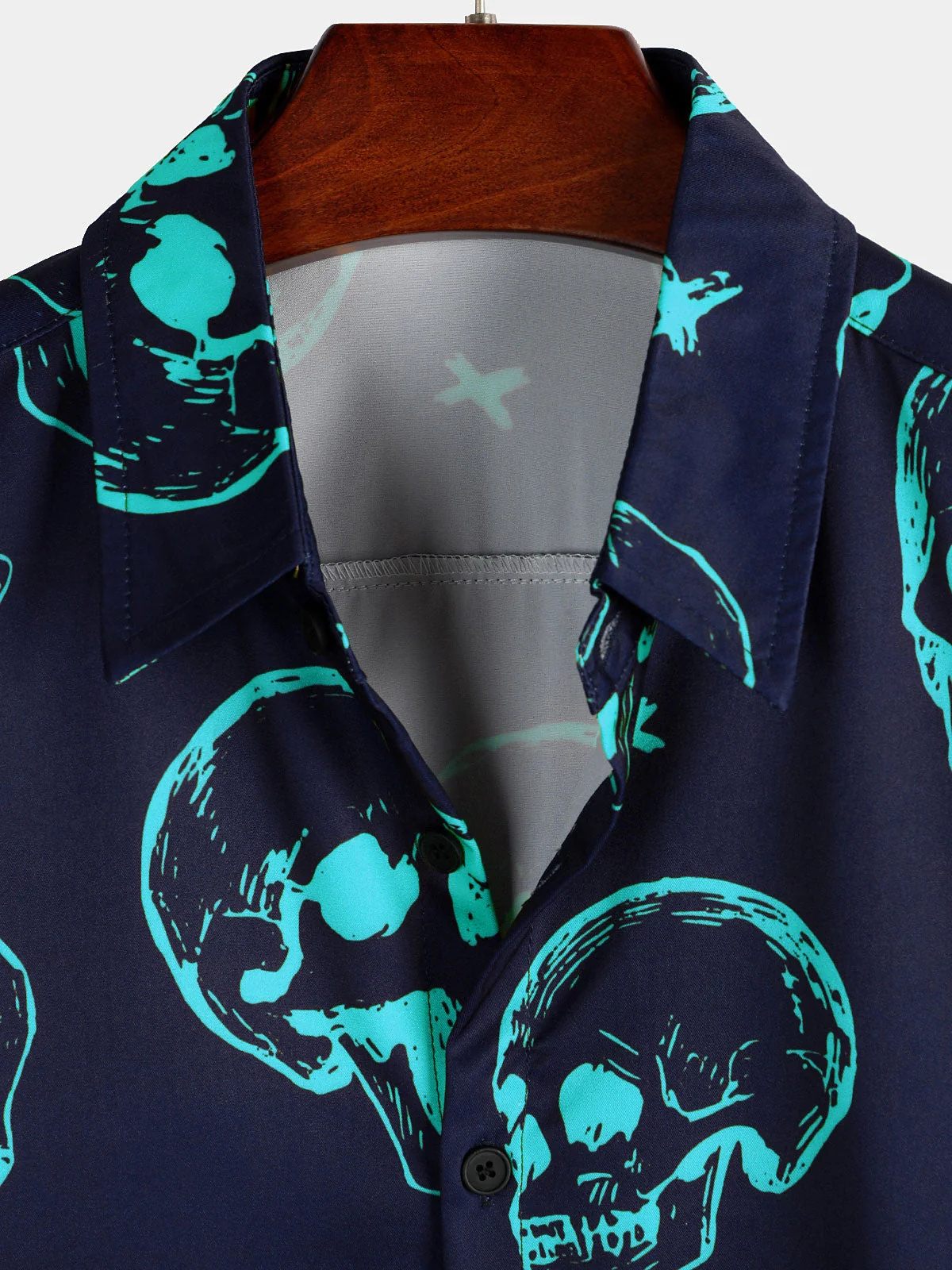 Men's Blue Skull Artistic Graphic Aloha Hawaiian Button-Up Short Sleeve Shirt