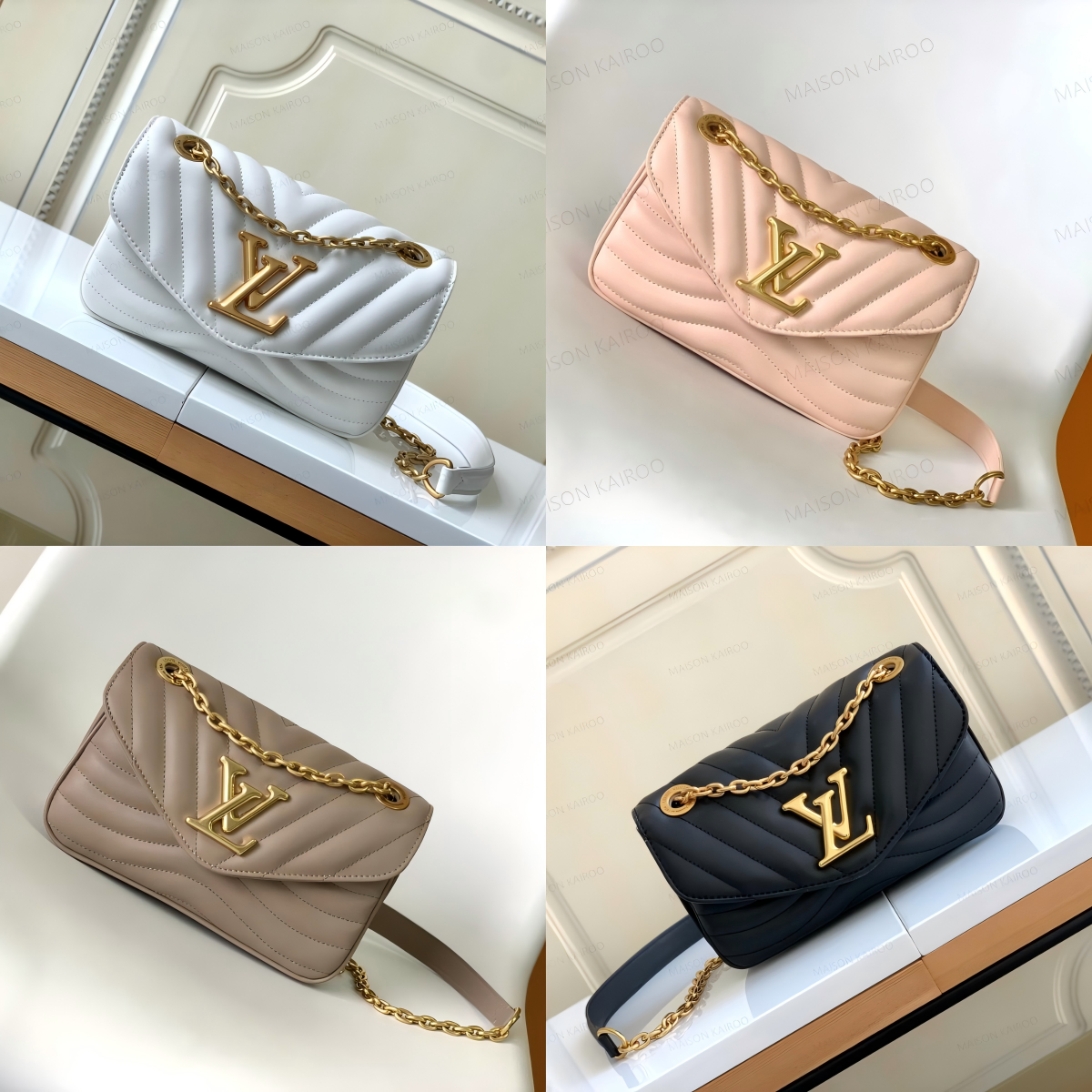 Louis Vuitton LV New Wave PM V-Stitch Quilted Smooth Leather Chain Logo Padded Flap Shoulder Bag - KAIROO