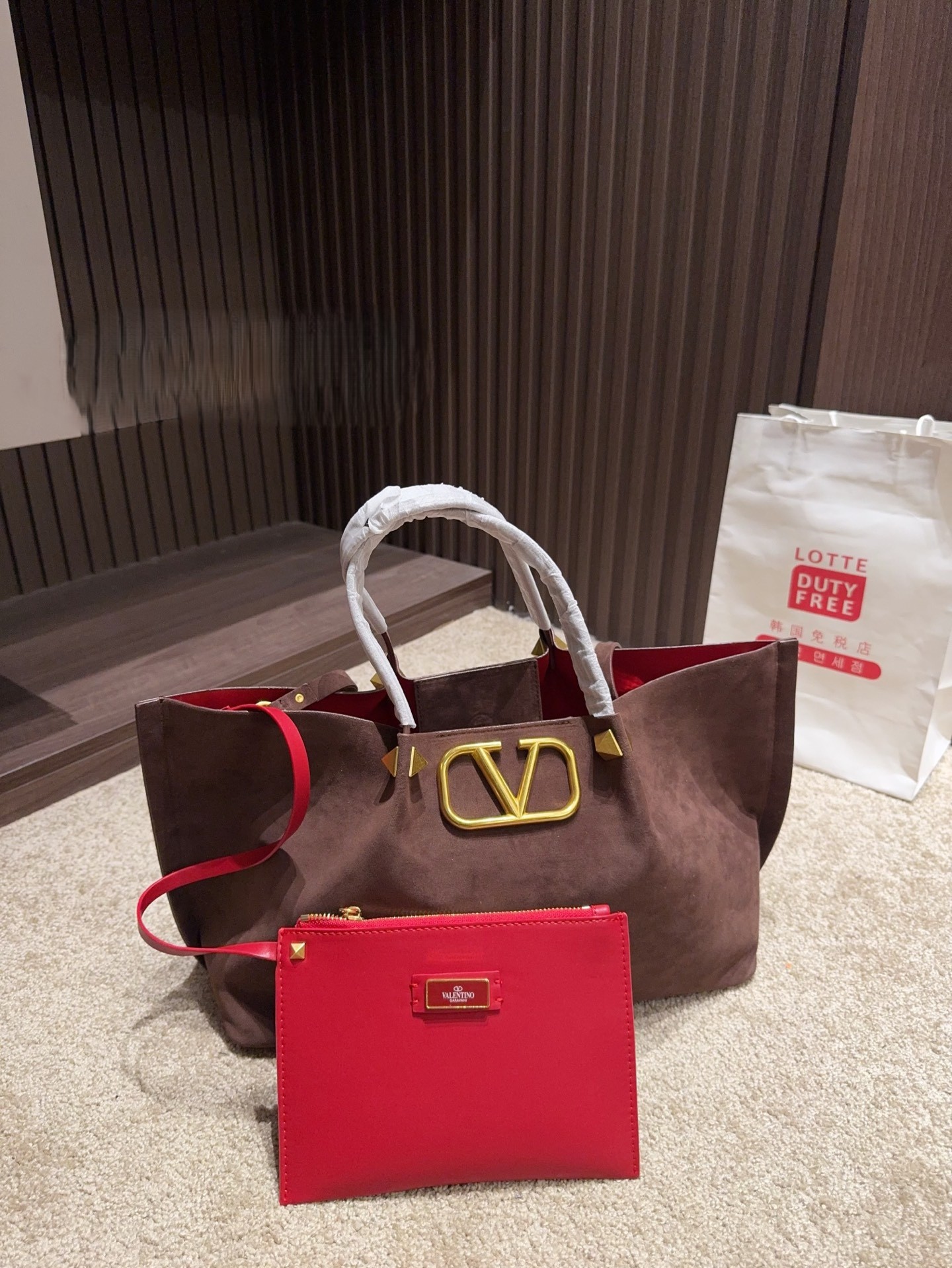 Valentino VLogo Signature Espresso Suede Leather Studded Handle Tote Shopper Bag With Pouch - KAIROO
