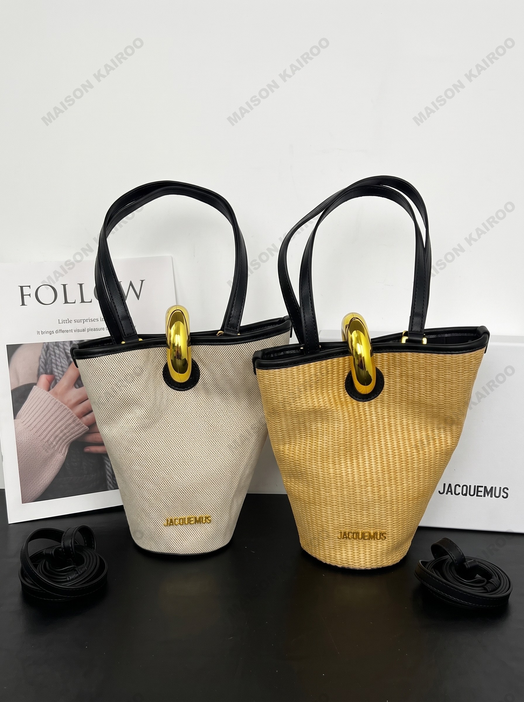 Jacquemus Le Petit Bambola Natural Woven Straw & Canvas Gold Ring Handle Tote Bucket Shoulder Bag - KAIROO