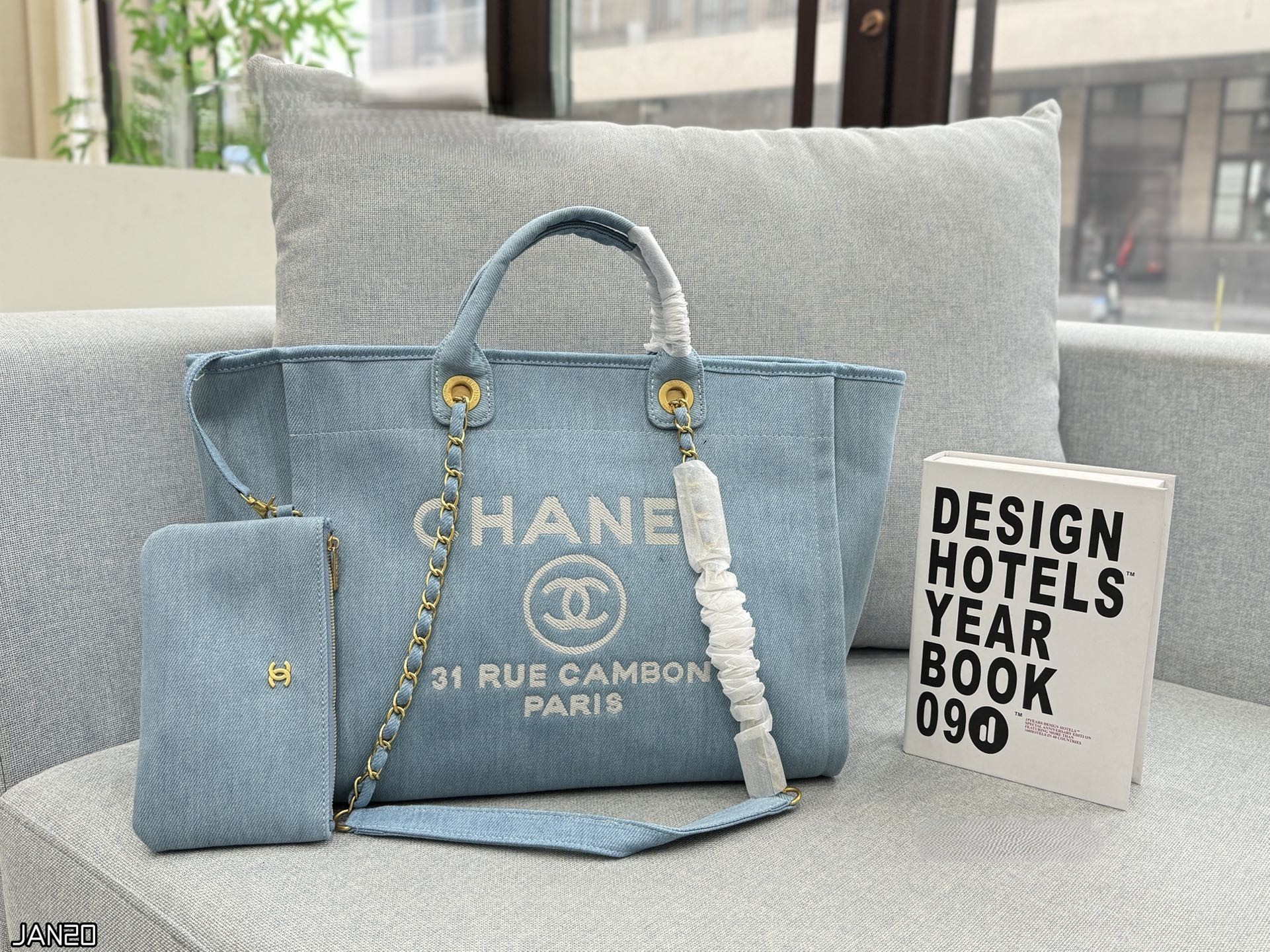 Chanel Large Deauville Denim Canvas 31 Rue Cambon Paris Logo Shopping Tote Bag With Pouch - KAIROO