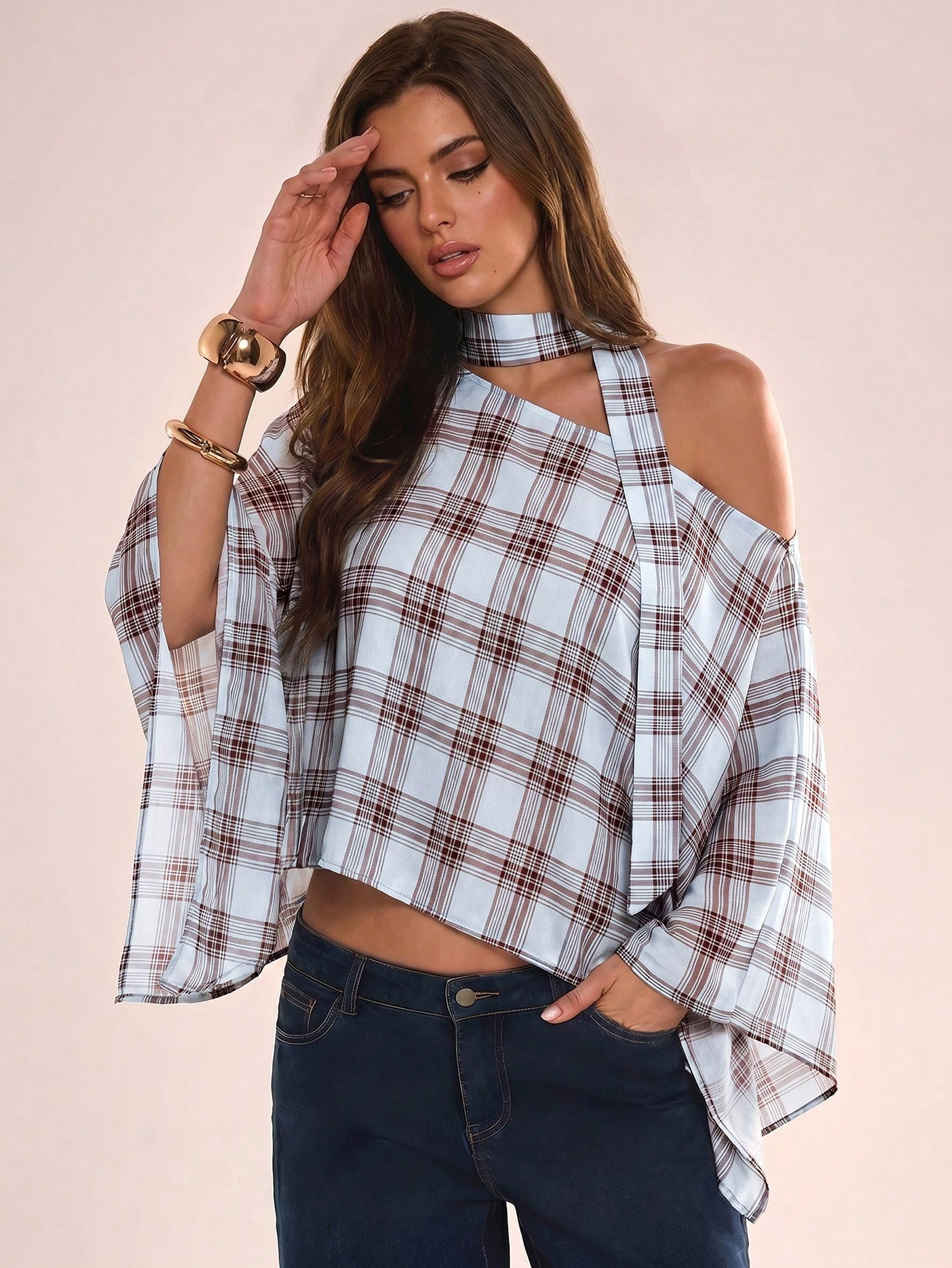 Women's Vintage Plaid Bell Sleeve Asymmetrical Hem Blouse