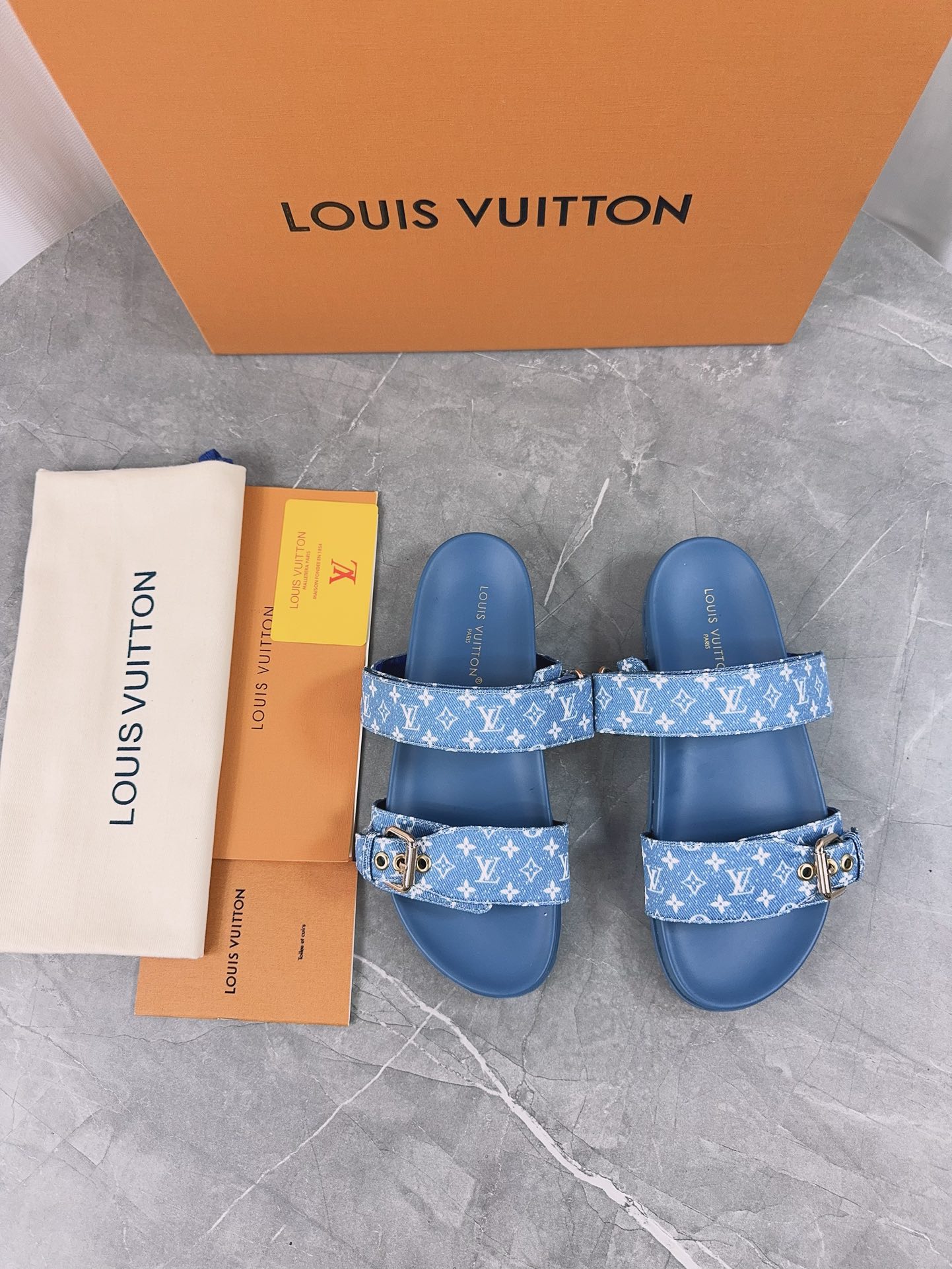 Louis Vuitton Monogram Denim Jacquard Bom Dia Double Strap Buckle Footbed Slides Sandals - KAIROO