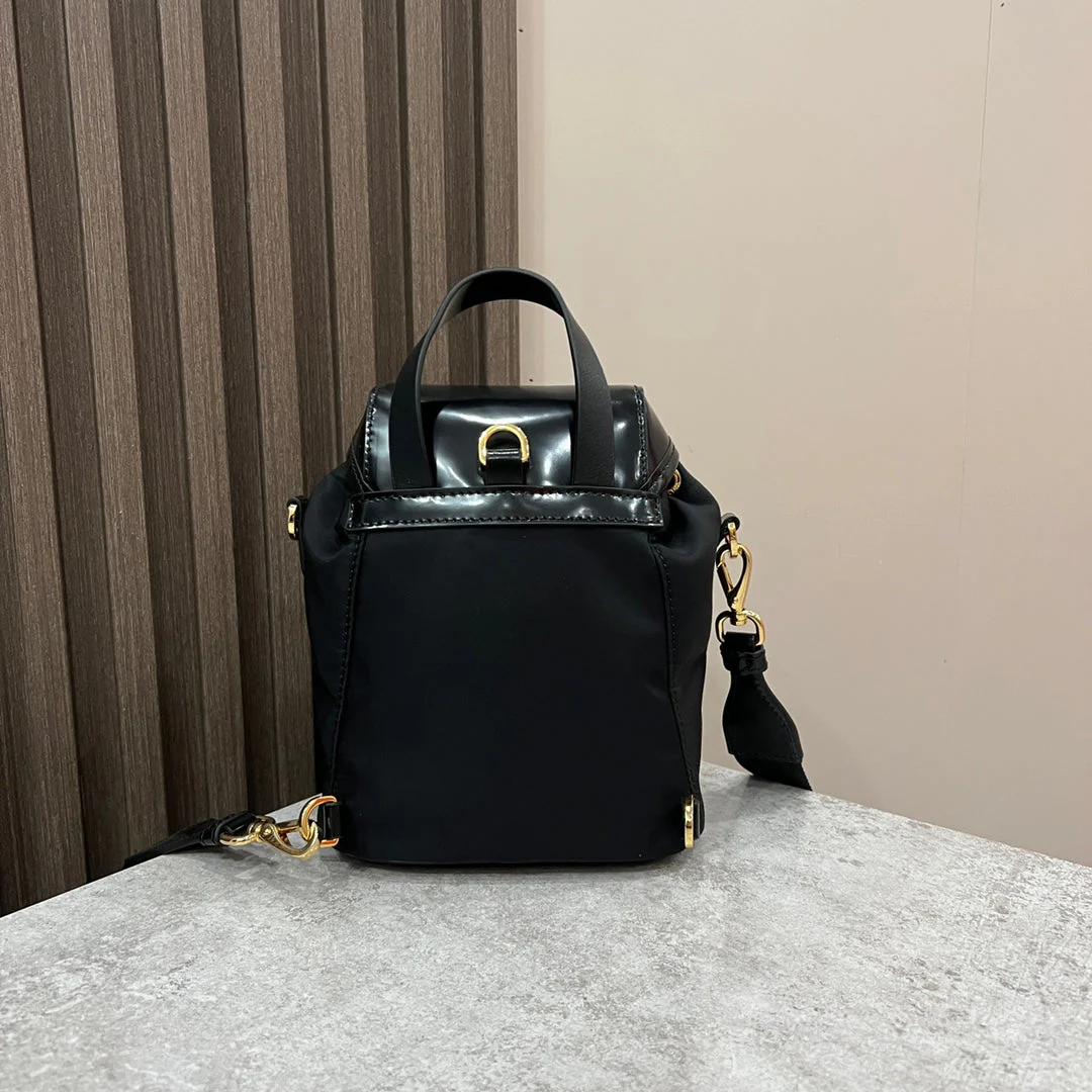 Prada MINI BACKPACK 18 IN BLACK RE-NYLON AND GLOSSY CALFSKIN GOLD HARDWARE