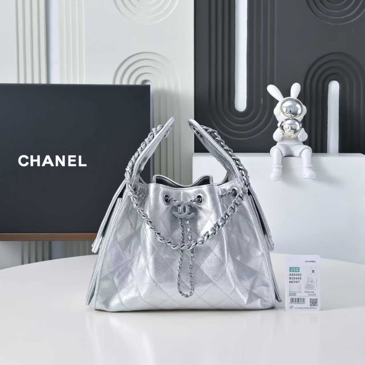 Chanel 25 Small Hobo Bag in Silver Grained Calfskin  AS5293