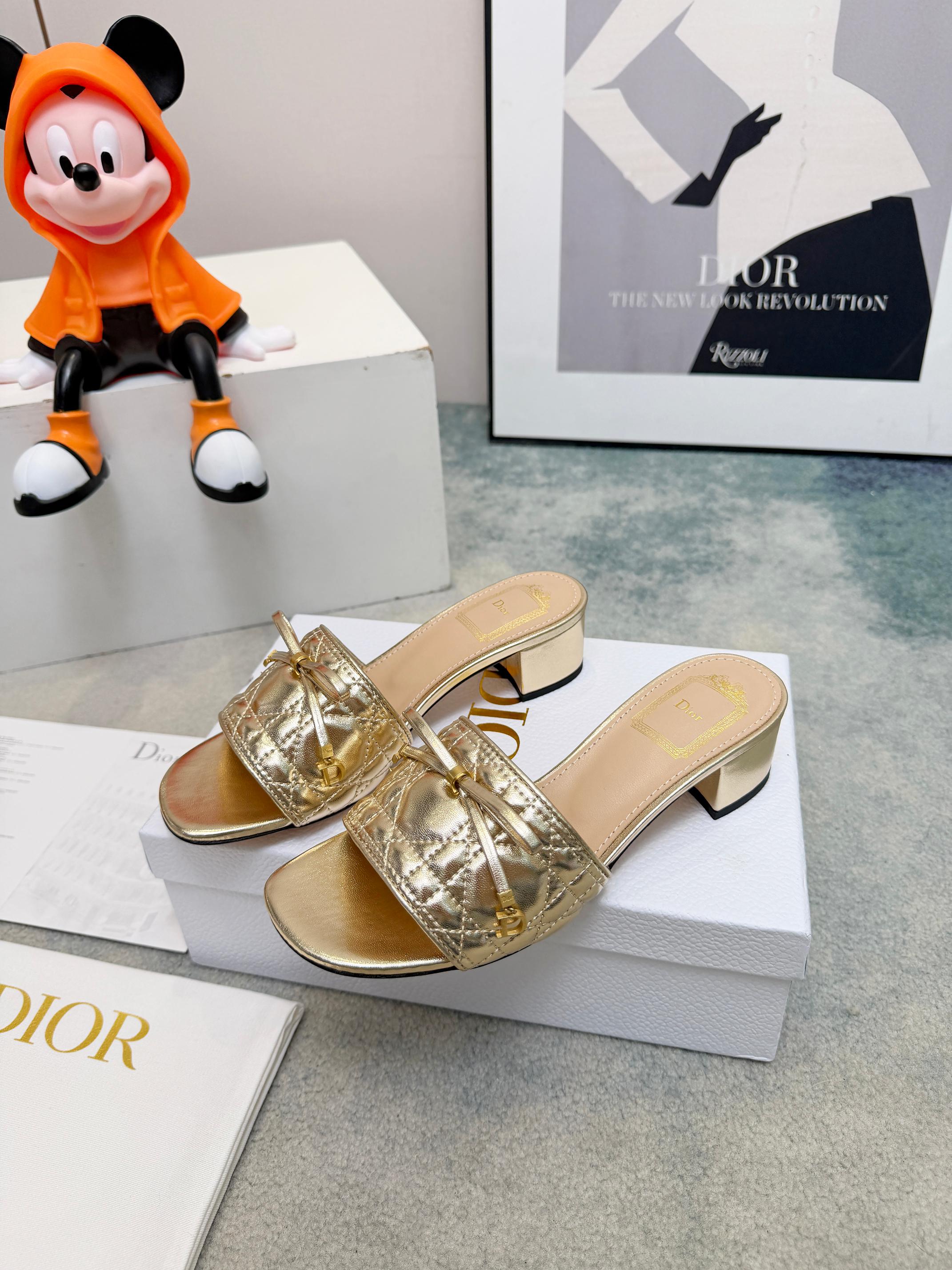 Dior Cannage Quilted Metallic Gold Leather Bow D-Way Mid Block Heeled Mule Slides Sandals - KAIROO
