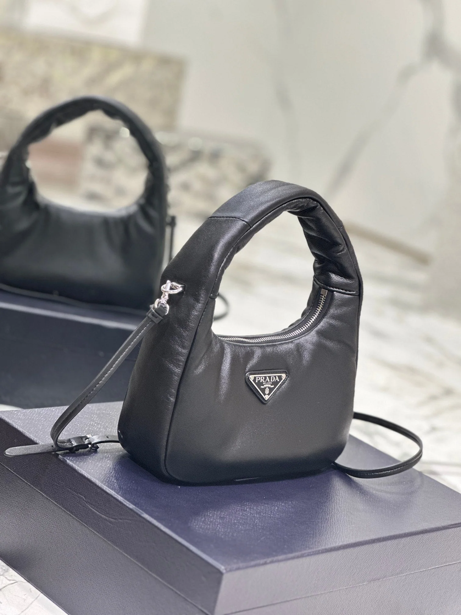 Prada HOBO BAG 21 IN BLACK SOFT LAMBSKIN