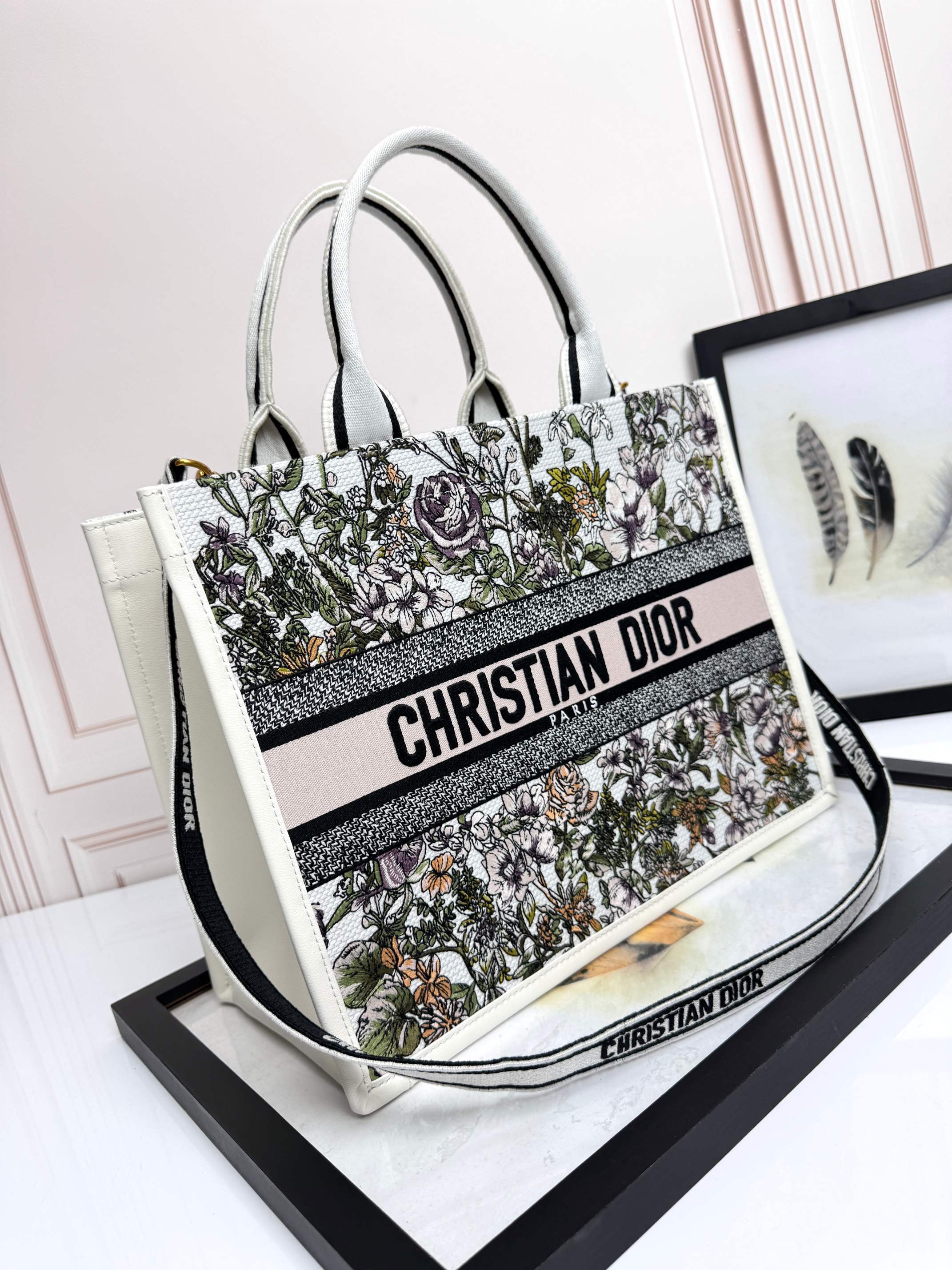 Dior Embroidered Canvas Medium  Book Tote with shoulder strap