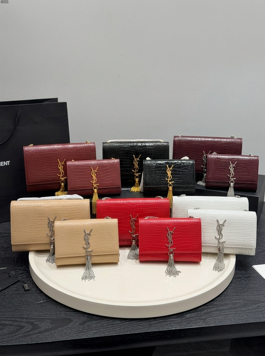 Saint Laurent YSL Kate Small& Medium Croc Embossed Leather Chain Gold/Silver Tassel Shoulder Bag - KAIROO