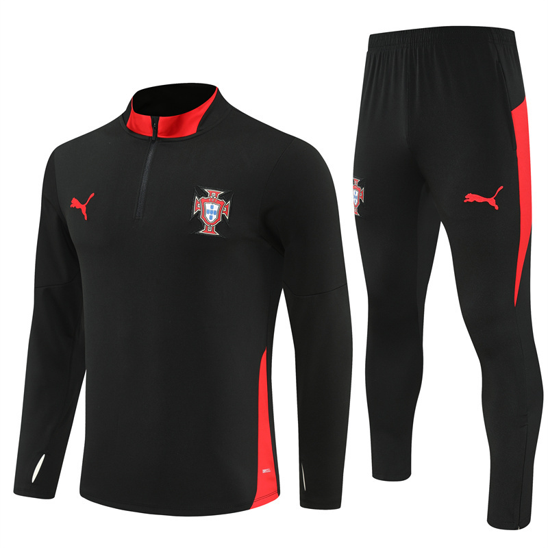 Adult/ Kids 2526 Portugal half zipper Training suit Black