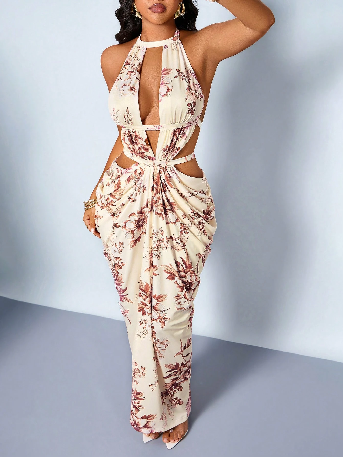 Floral Halter Backless Ruched Maxi Dress