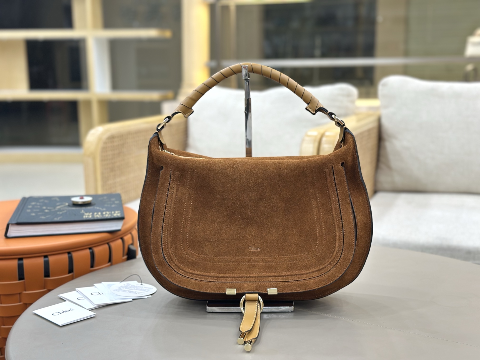 Chloe Large Marcie Shoulder Bag in Suede Calfskin-Camel