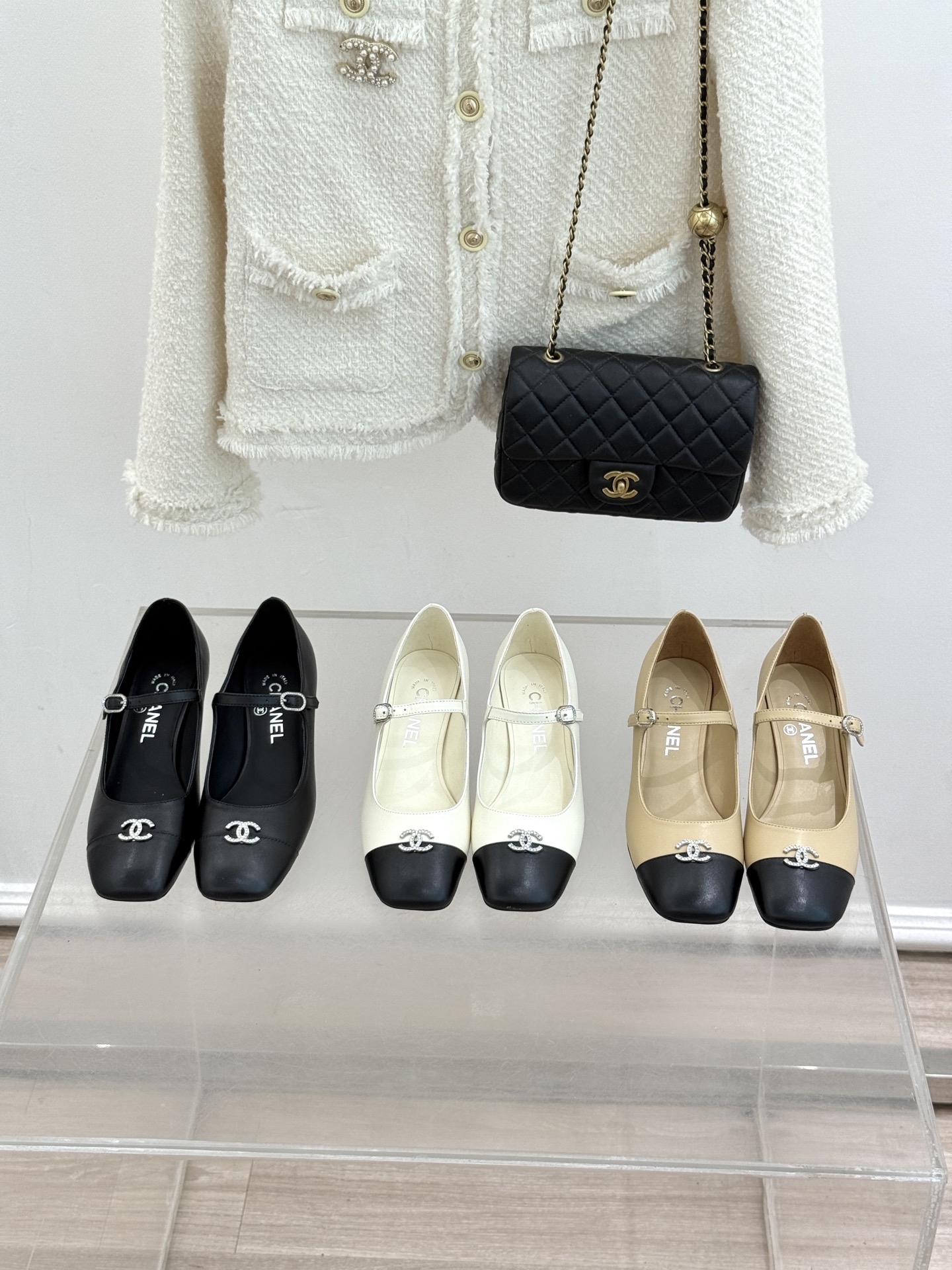 Chanel Two-Tone Cap Toe Crystal CC Logo Lambskin Block Heel Mary Janes - KAIROO