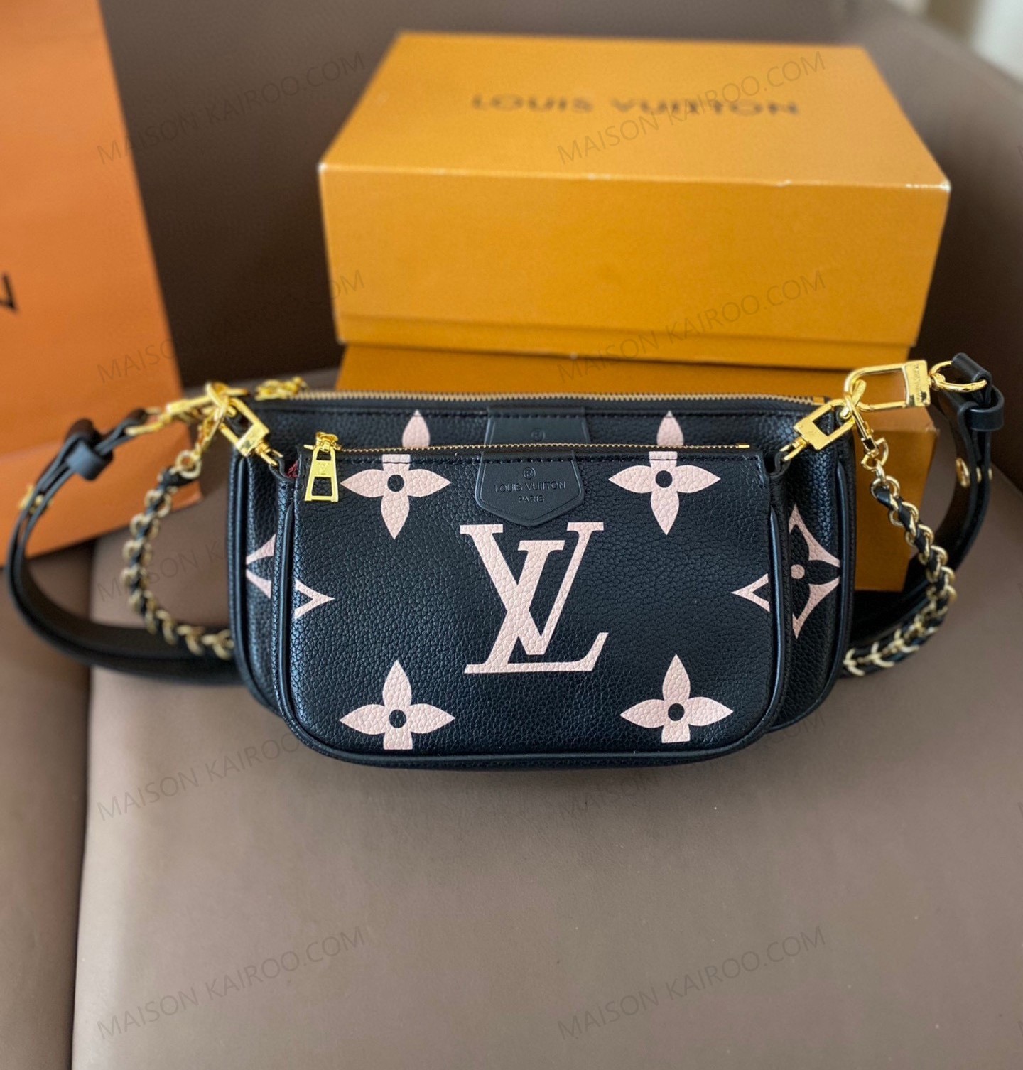Louis Vuitton LV Multi Pochette Accessoires Black Pink Monogram Empreinte Leather Chain Hobo Shoulder Bag - KAIROO