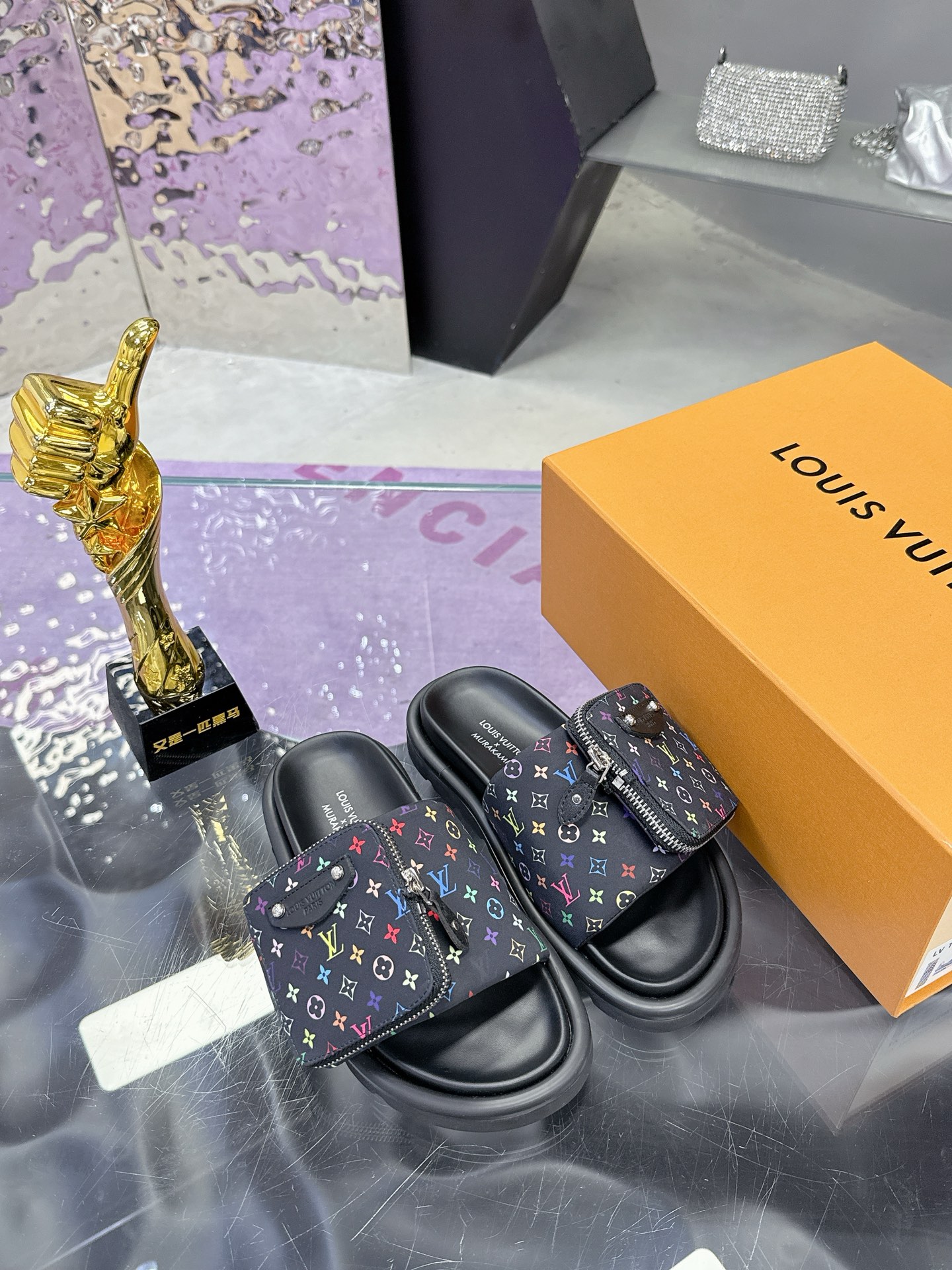 Louis Vuitton × Takashi Murakami Black Multicolor Monogram Canvas Zipper Pocket Mule Flat Slide Sandals - KAIROO