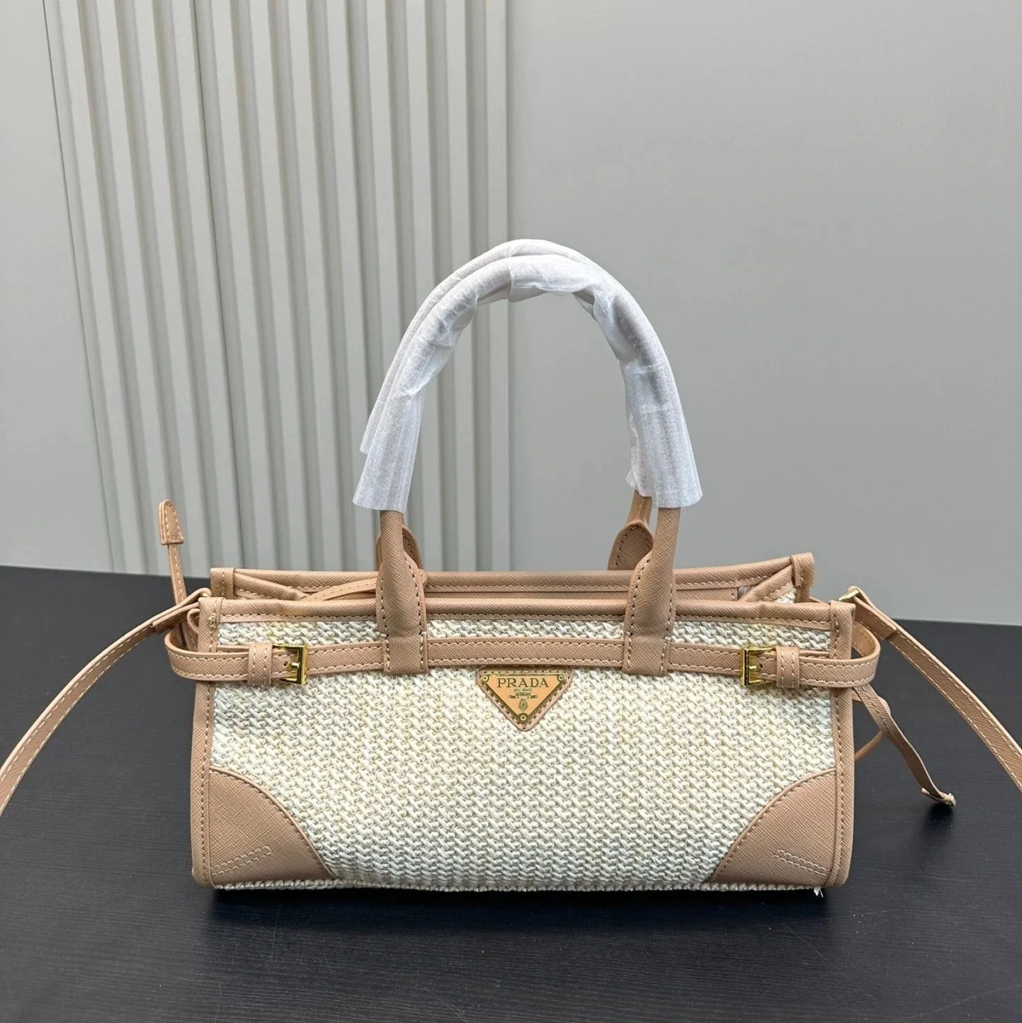 Prada BONNIE SOFT LUX HANDBAG 32 IN BEIGE WOVEN RAFFIA WITH TAN CALFSKIN