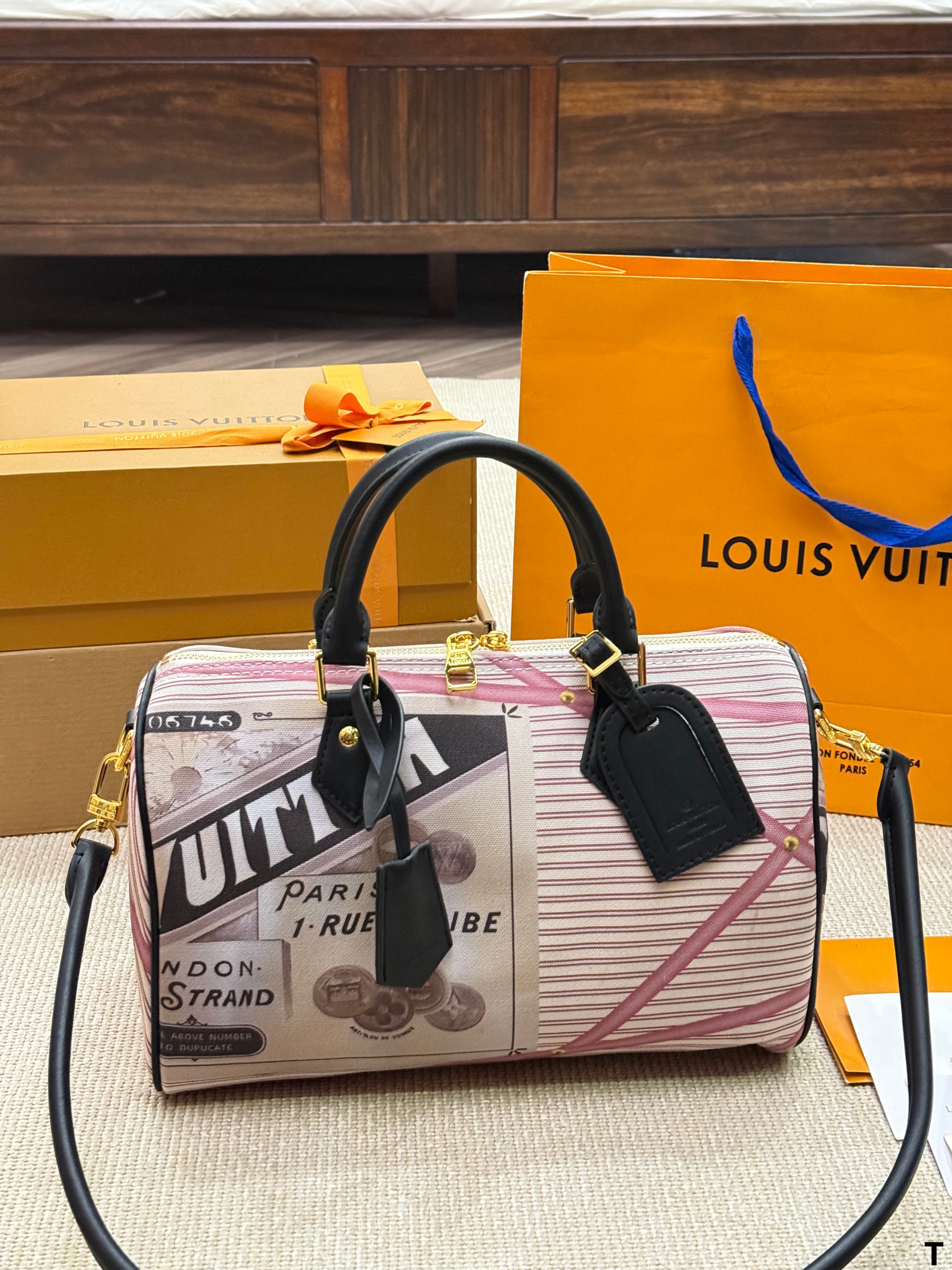 Louis Vuitton LV Speedy 30 Trunk Stripe Newspaper Print Canvas Leather Boston Top Handle Bag - KAIROO