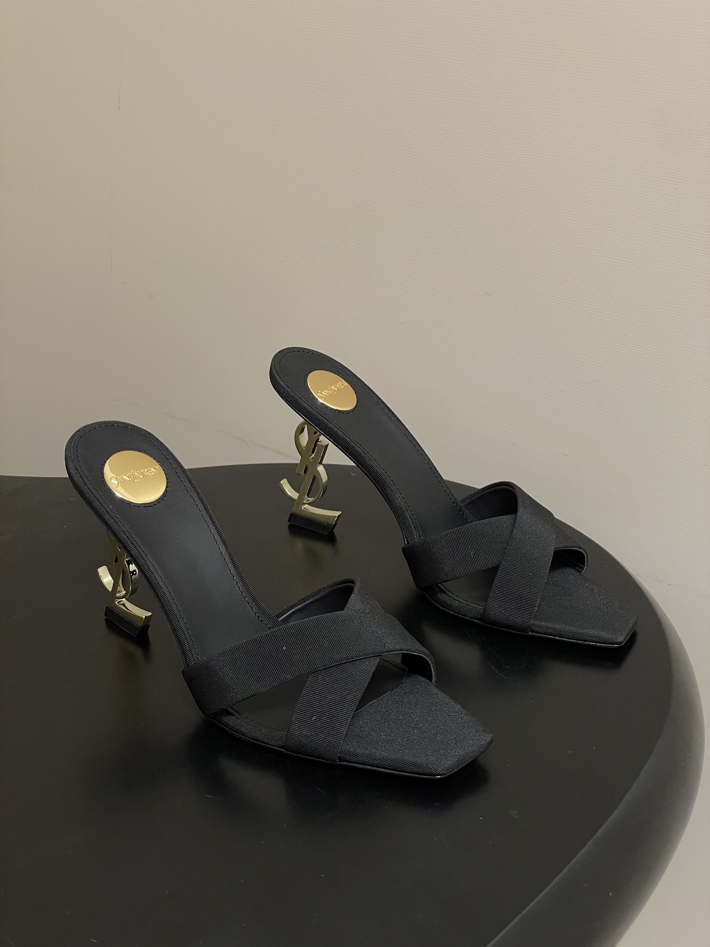 Saint Laurent Opyum 85 YSL Logo Satin & Leopard Print Square Toe Crisscross Cassandre Heel Mule Sandals - KAIROO