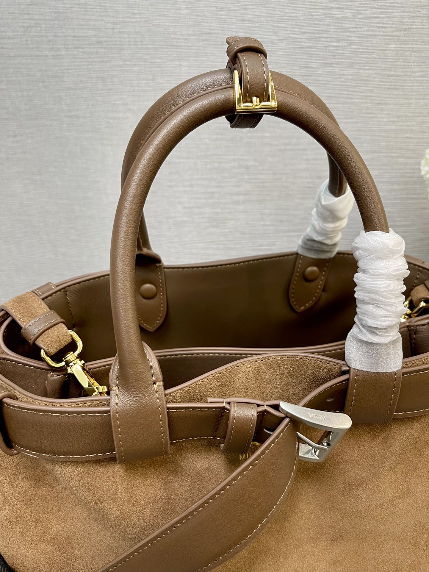 Prada MEDIUM TOTE BAG WITH 35 IN RUSSET BROWN SUEDE
