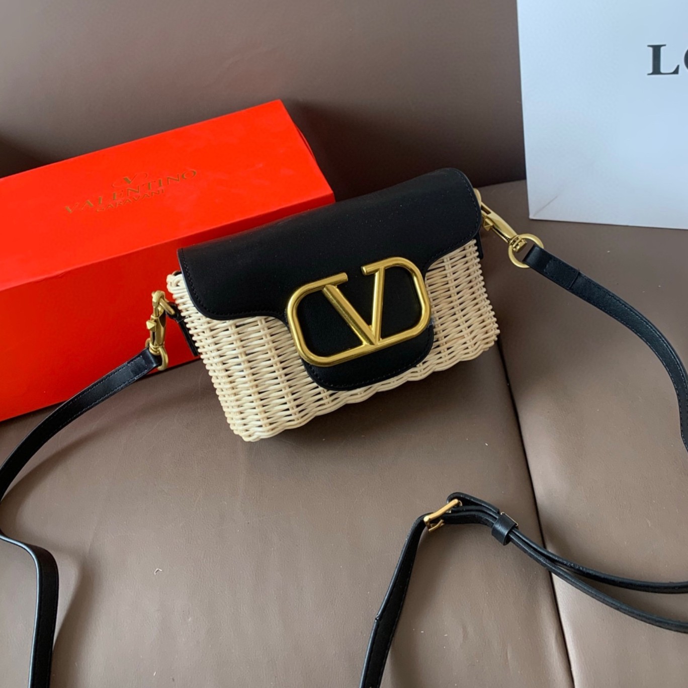 Valentino VLogo Black Boxy Wicker And Smooth Leather Flap Crossbody Basket Bag - KAIROO