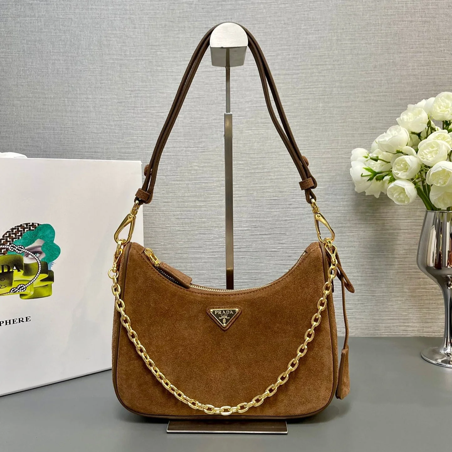 Prada HOBO BAG 23 IN RUSSET BROWN SUEDE GOLD CHAIN