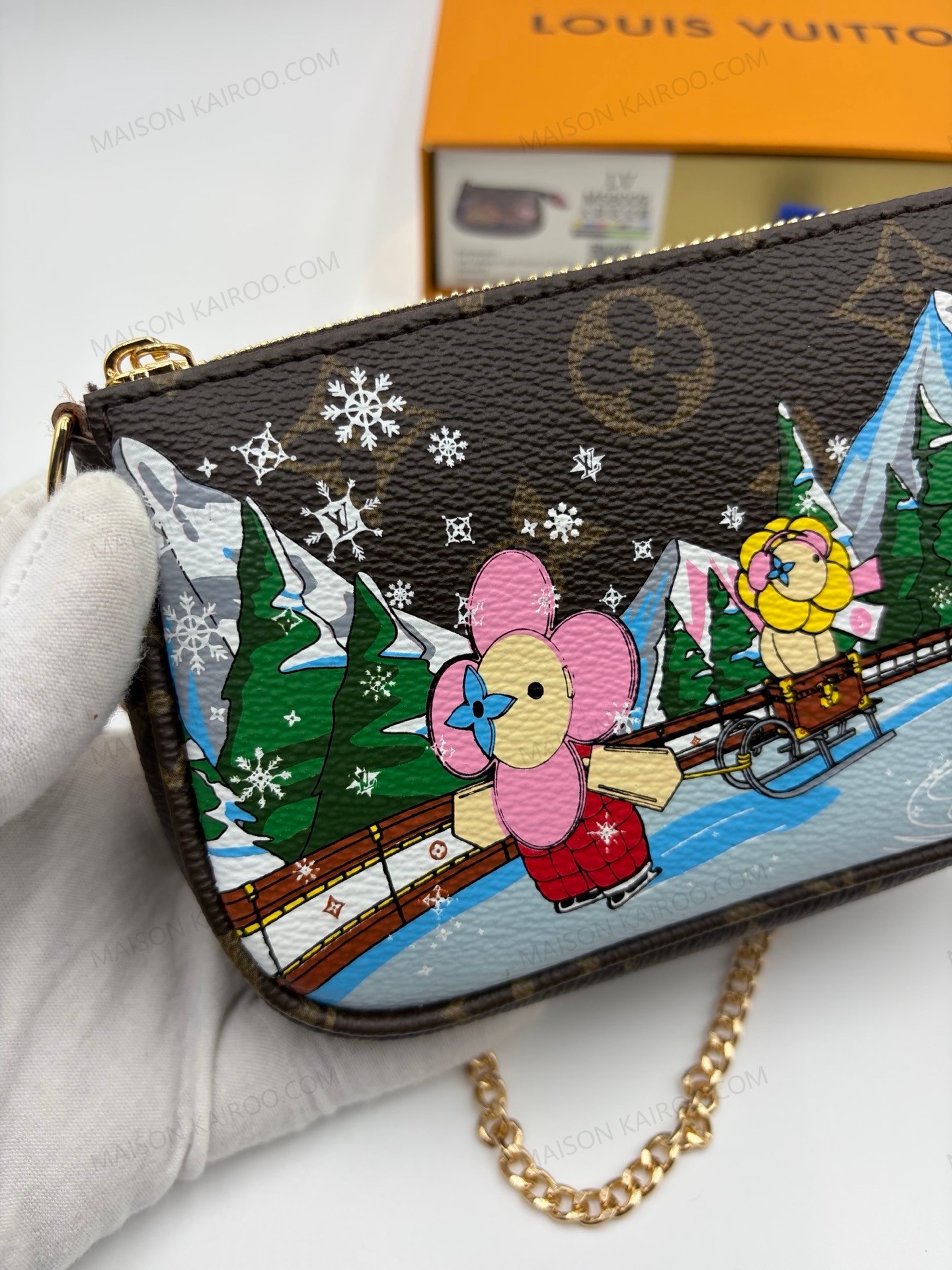 Louis Vuitton LV Mini Pochette Accessoires Vivienne Winter Snow Ice Skating Brown Monogram Chain Pouch Bag - KAIROO