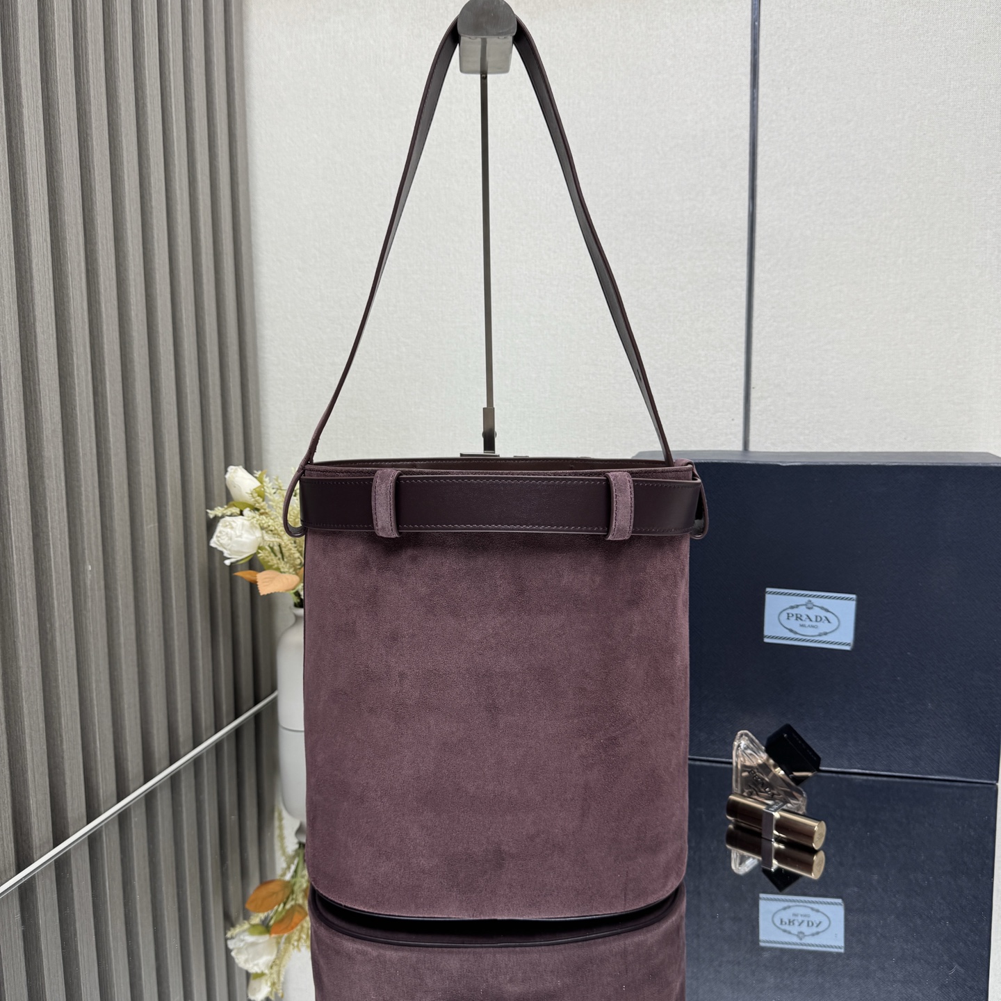 Prada Suede bucket bag with belt-Briarwood 1BE085