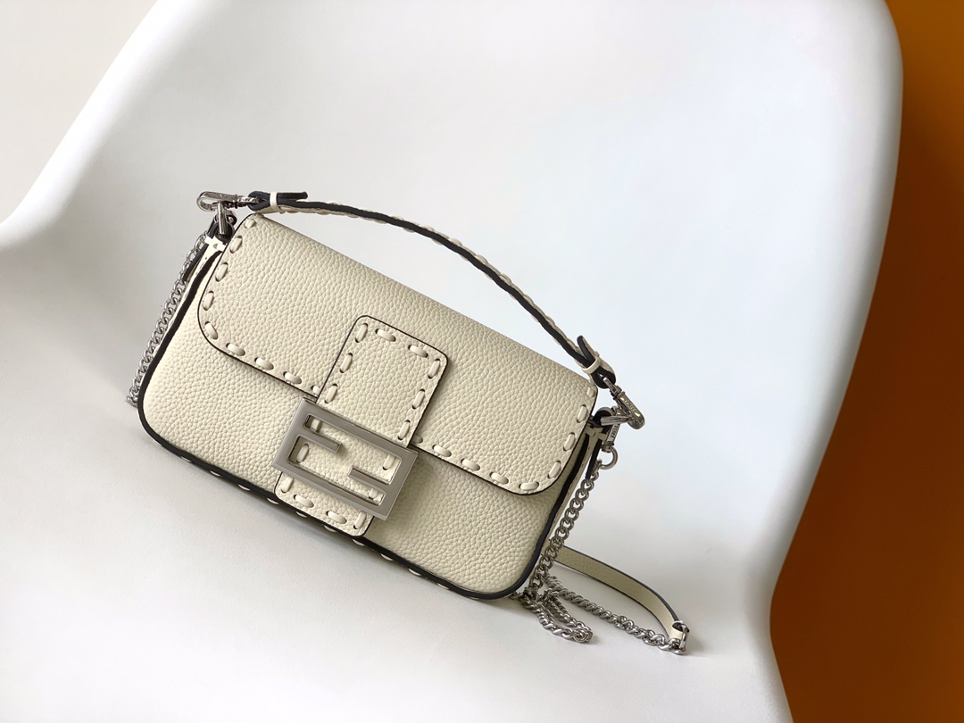 Fendi Mini Selleria Baguette Leather Bag-White