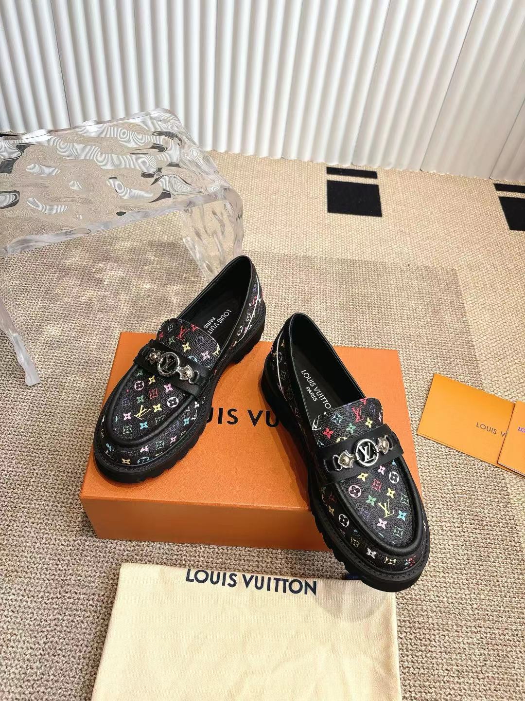 Louis Vuitton x Takashi Murakami Black Multicolor Monogram Coated Canvas Leather Platform Loafers - KAIROO