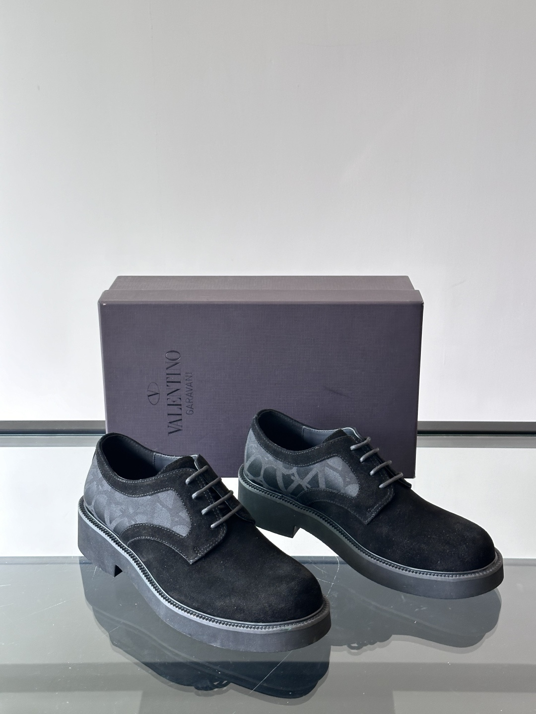Valentino Garavani Black Suede Toile Iconographe Canvas Panel Derby Loafers Platform Shoes - KAIROO