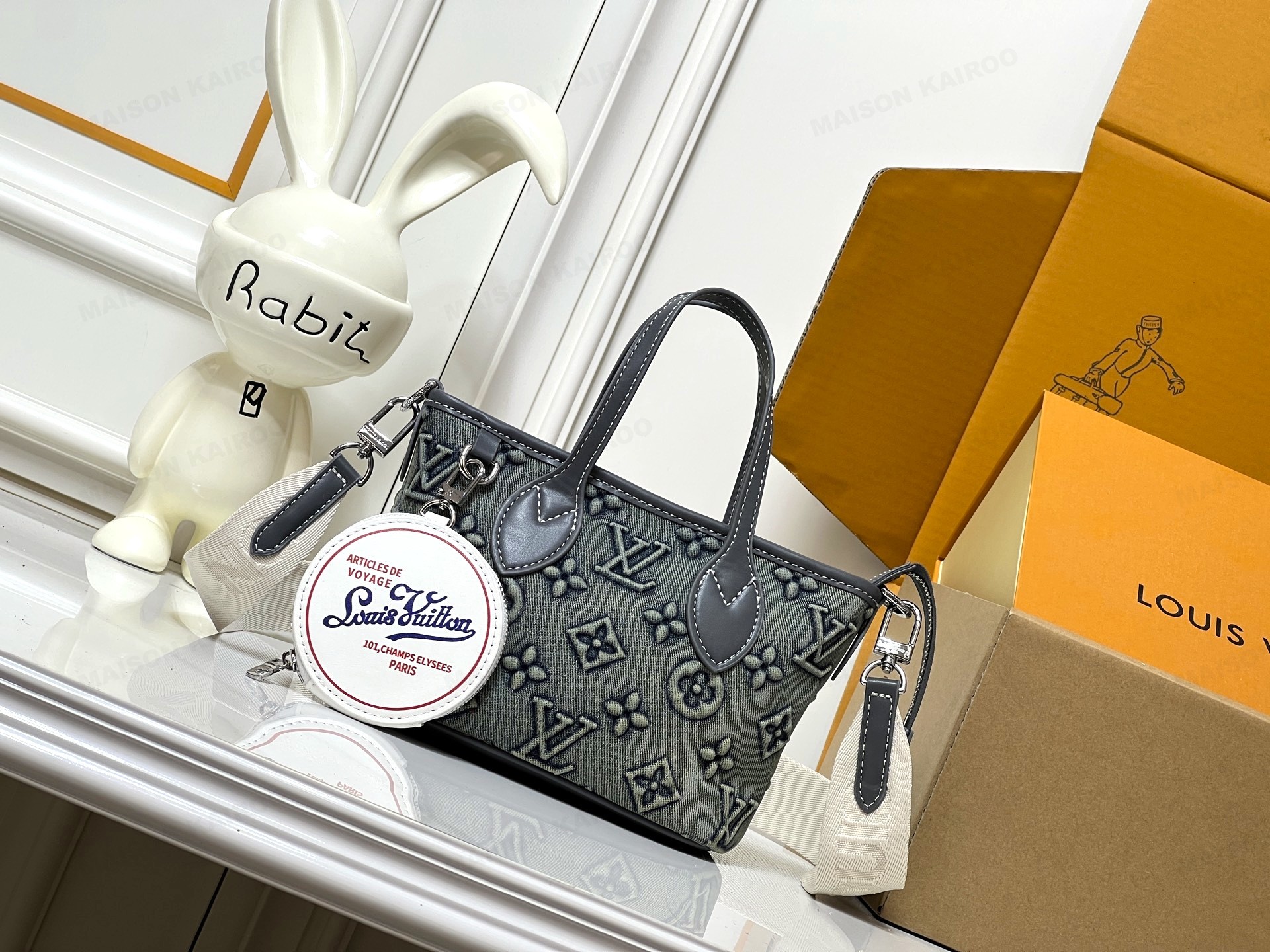 Louis Vuitton LV Neverfull BB Grey Denim Raised Embossed Monogram Tote Bag With Round Pouch - KAIROO